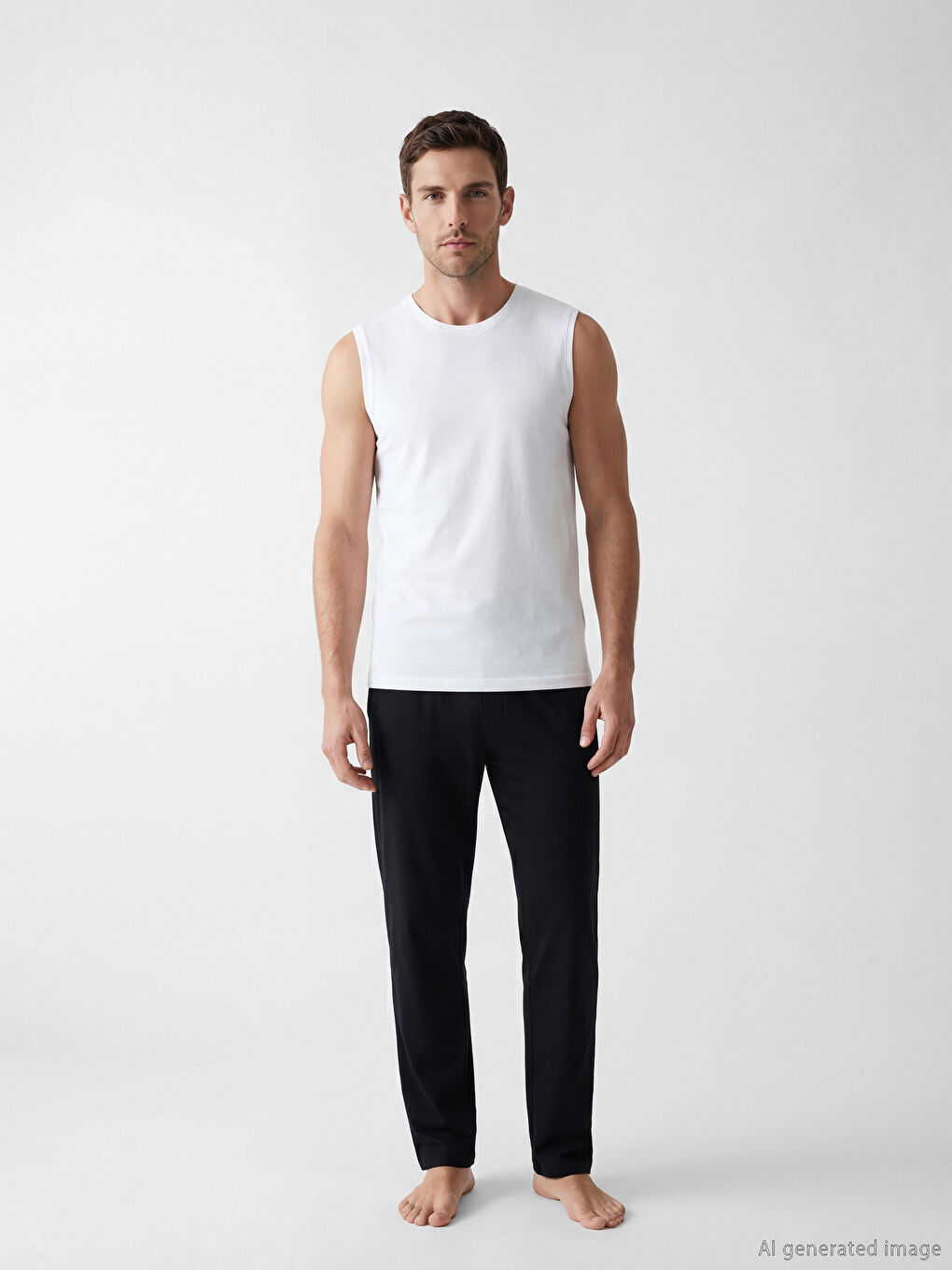 Beyaz Bisiklet Yaka Penye Erkek Atlet-1