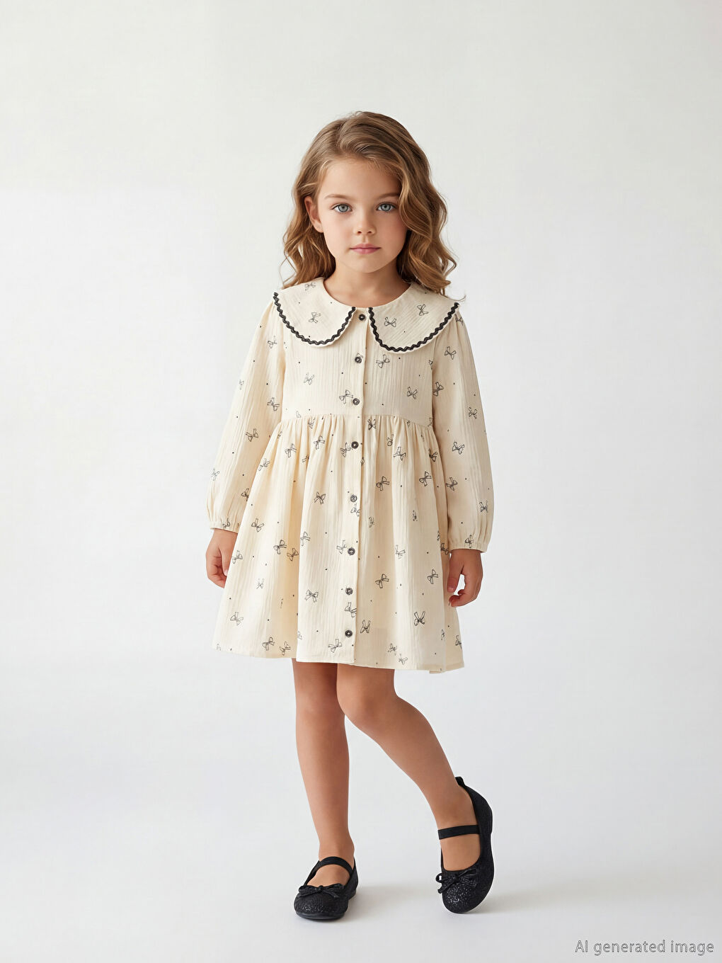 Ekru Bebe Yaka Fırfırlı Kız Çocuk Elbise