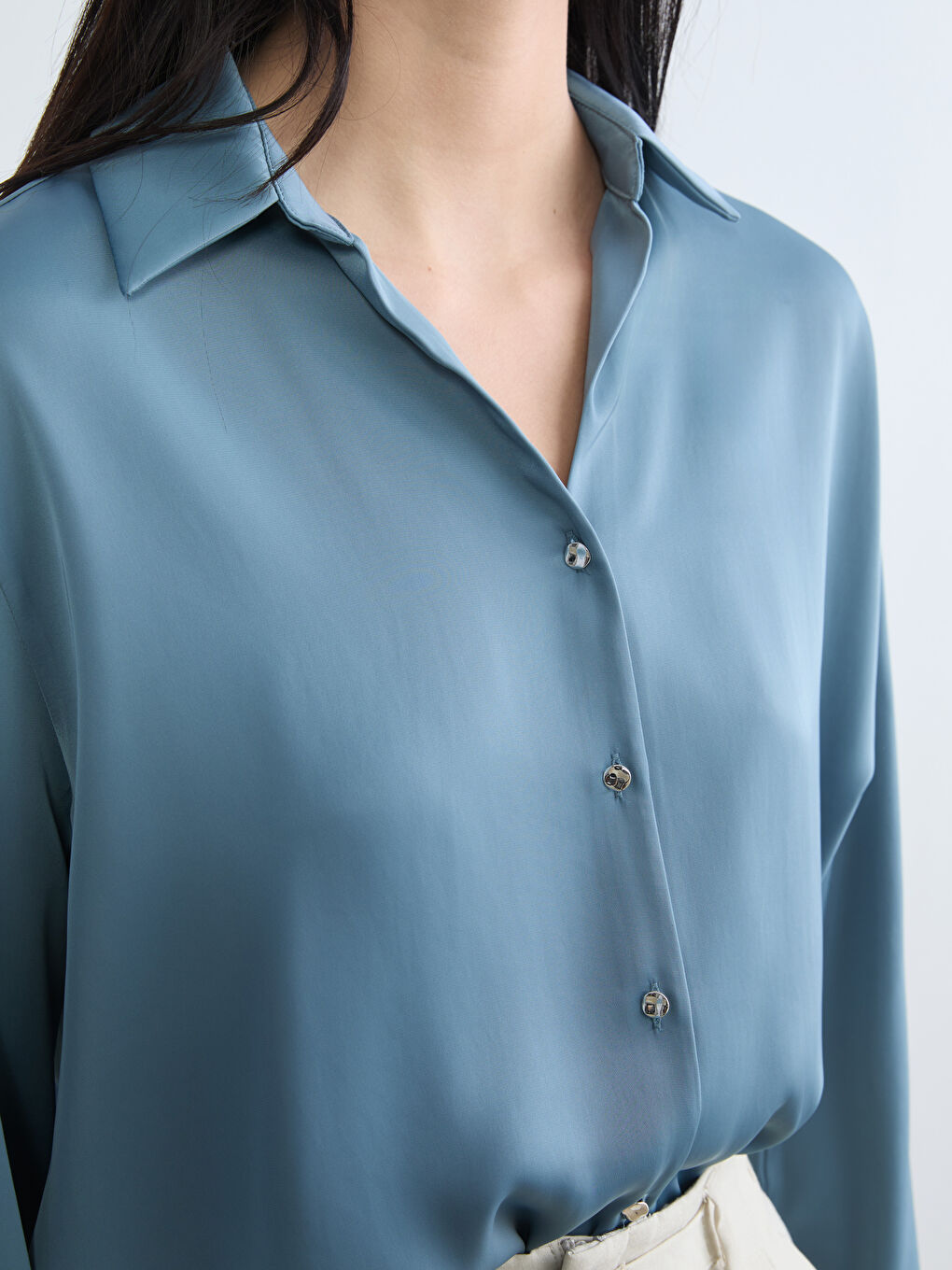 Petrol Saten Kadın Gömlek-2