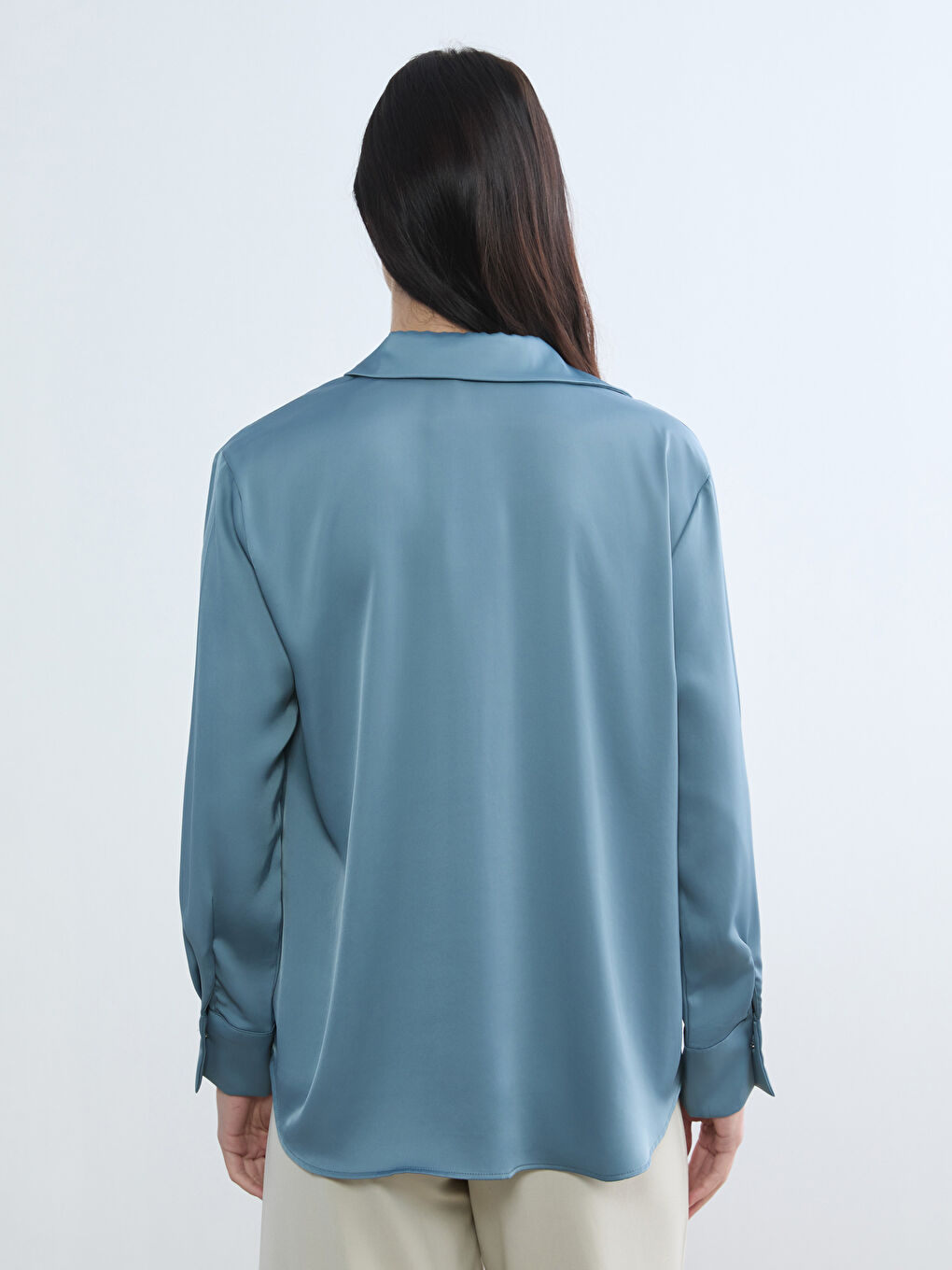 Petrol Saten Kadın Gömlek-3