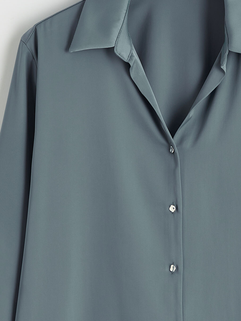 Petrol Saten Kadın Gömlek-5