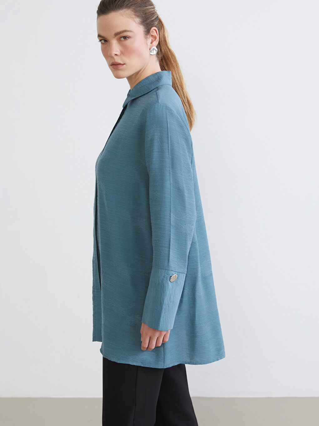 Petrol Nakışlı Oversize Kadın Gömlek Tunik