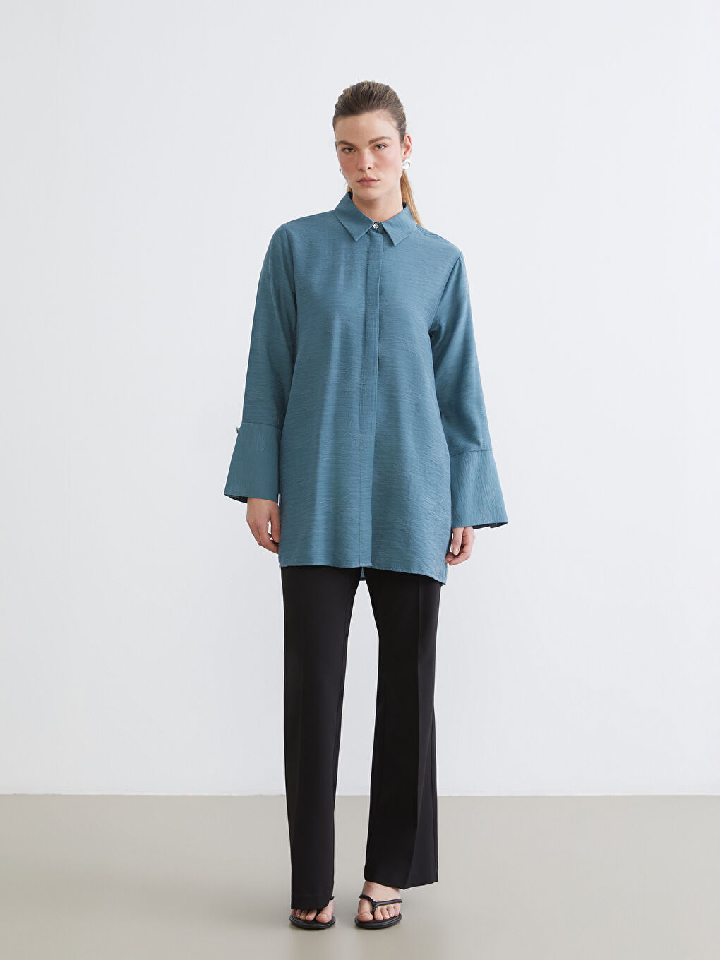 Petrol Nakışlı Oversize Kadın Gömlek Tunik-1