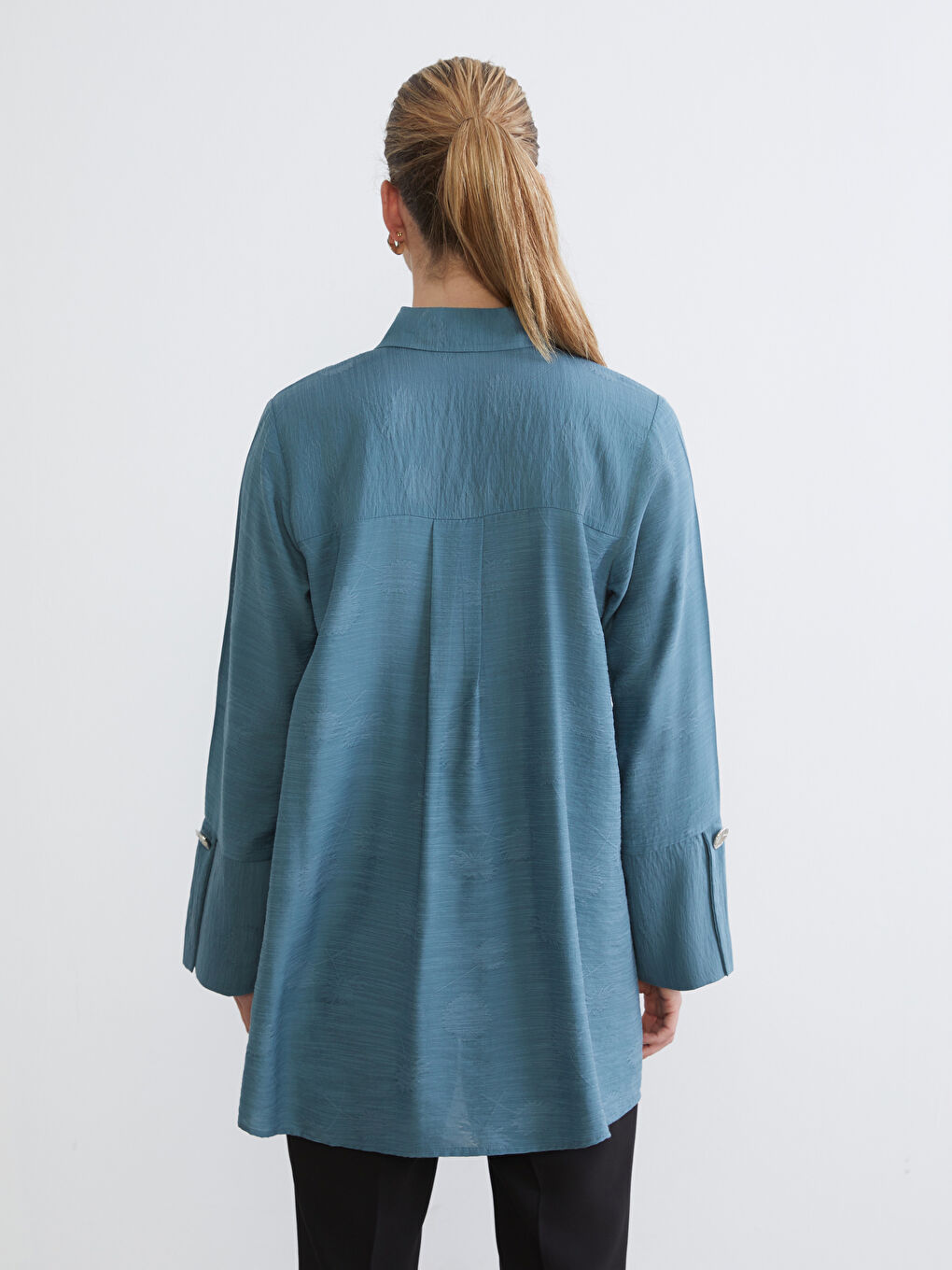 Petrol Nakışlı Oversize Kadın Gömlek Tunik-3