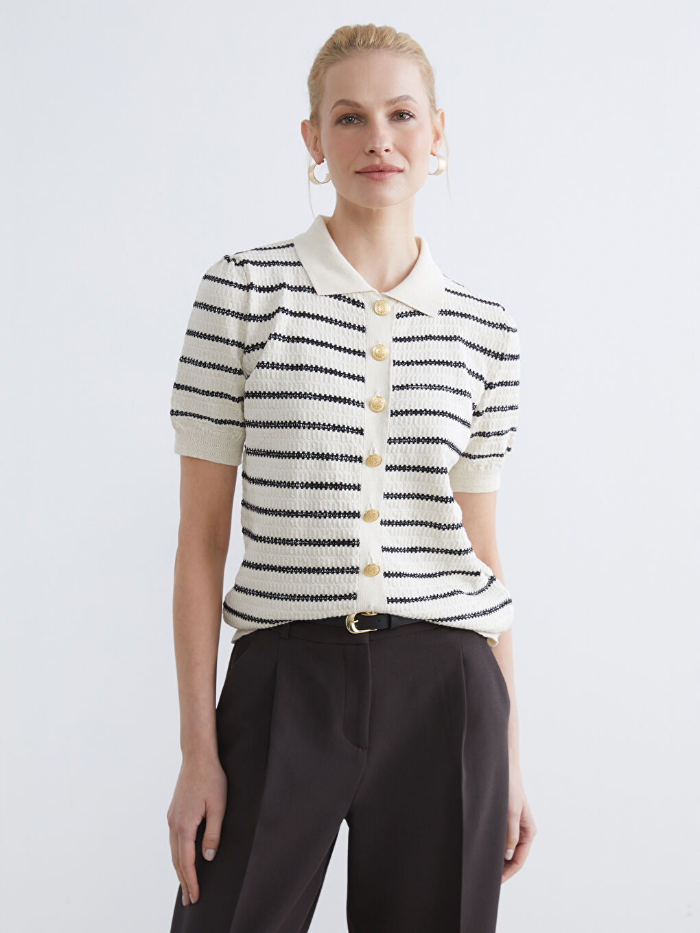 Ekru Polo Yaka Çizgili Kadın Triko Hırka