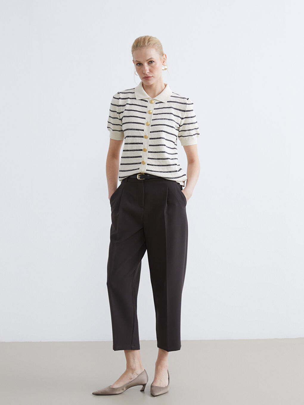 Ekru Polo Yaka Çizgili Kadın Triko Hırka-1