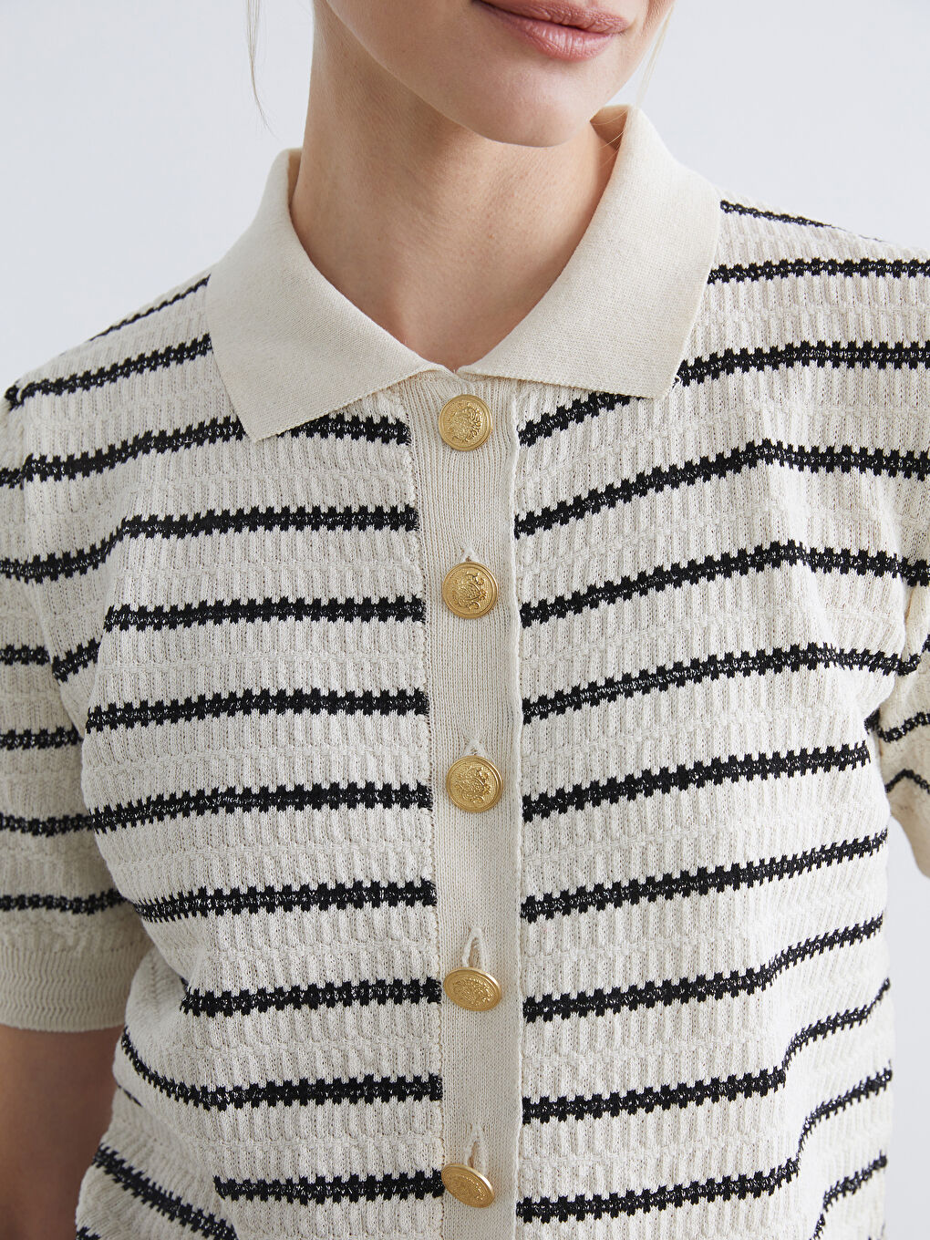 Ekru Polo Yaka Çizgili Kadın Triko Hırka-2