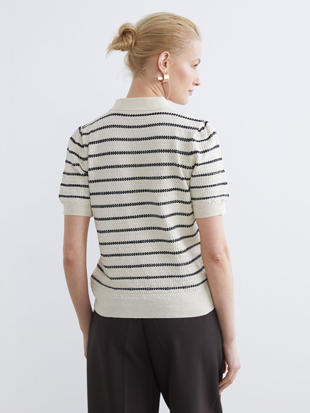 Ekru Polo Yaka Çizgili Kadın Triko Hırka-3
