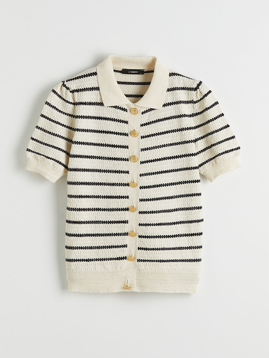 Ekru Polo Yaka Çizgili Kadın Triko Hırka-4