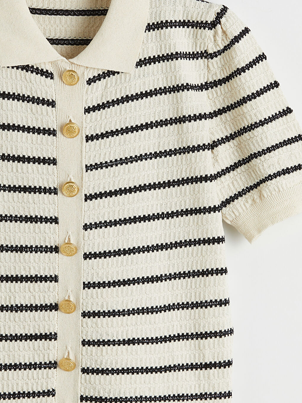 Ekru Polo Yaka Çizgili Kadın Triko Hırka-5