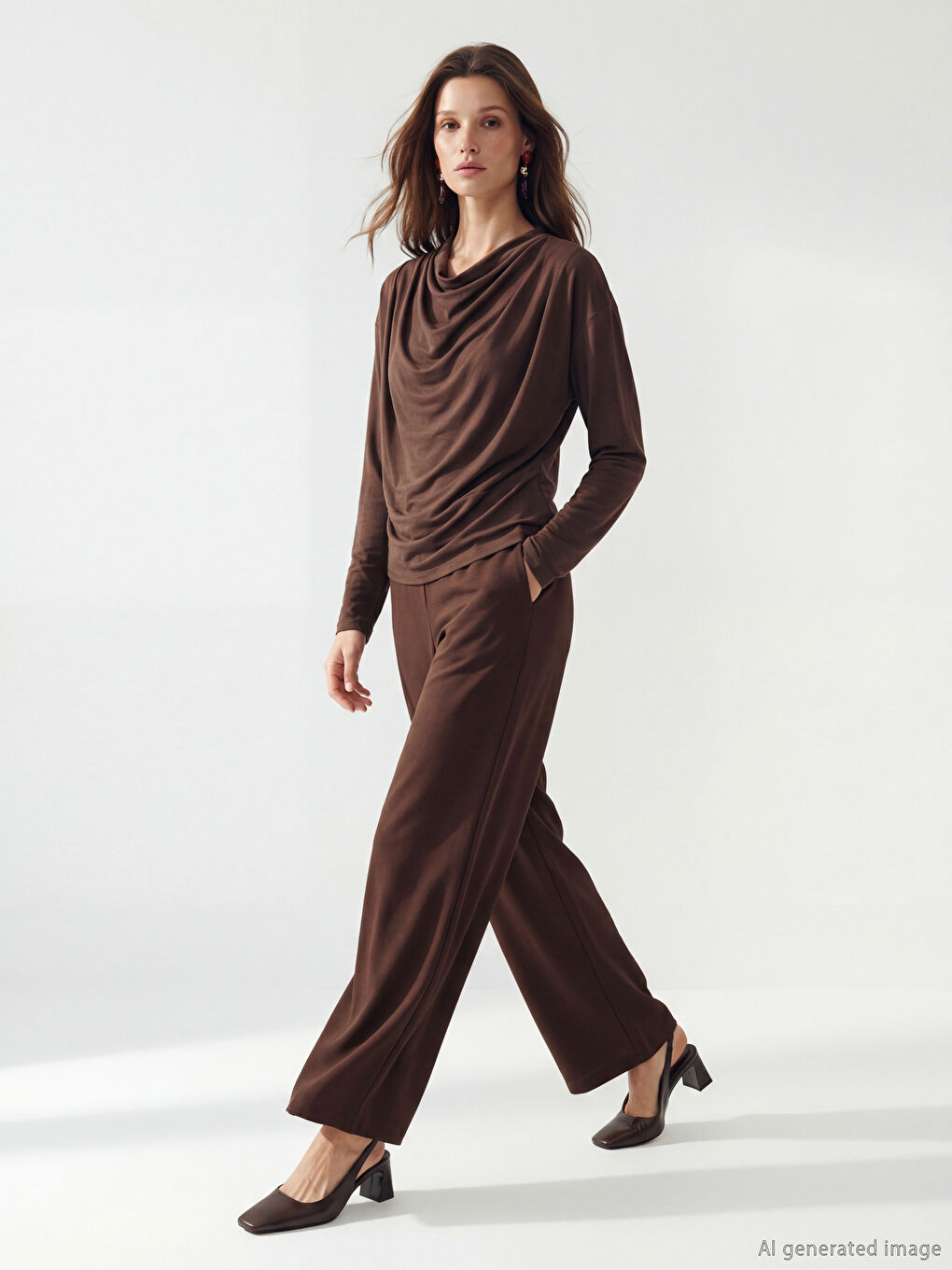 Kahverengi Beli Lastikli Geniş Paça Kadın Pantolon	