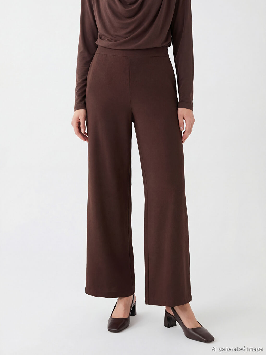 Kahverengi Beli Lastikli Geniş Paça Kadın Pantolon	-1