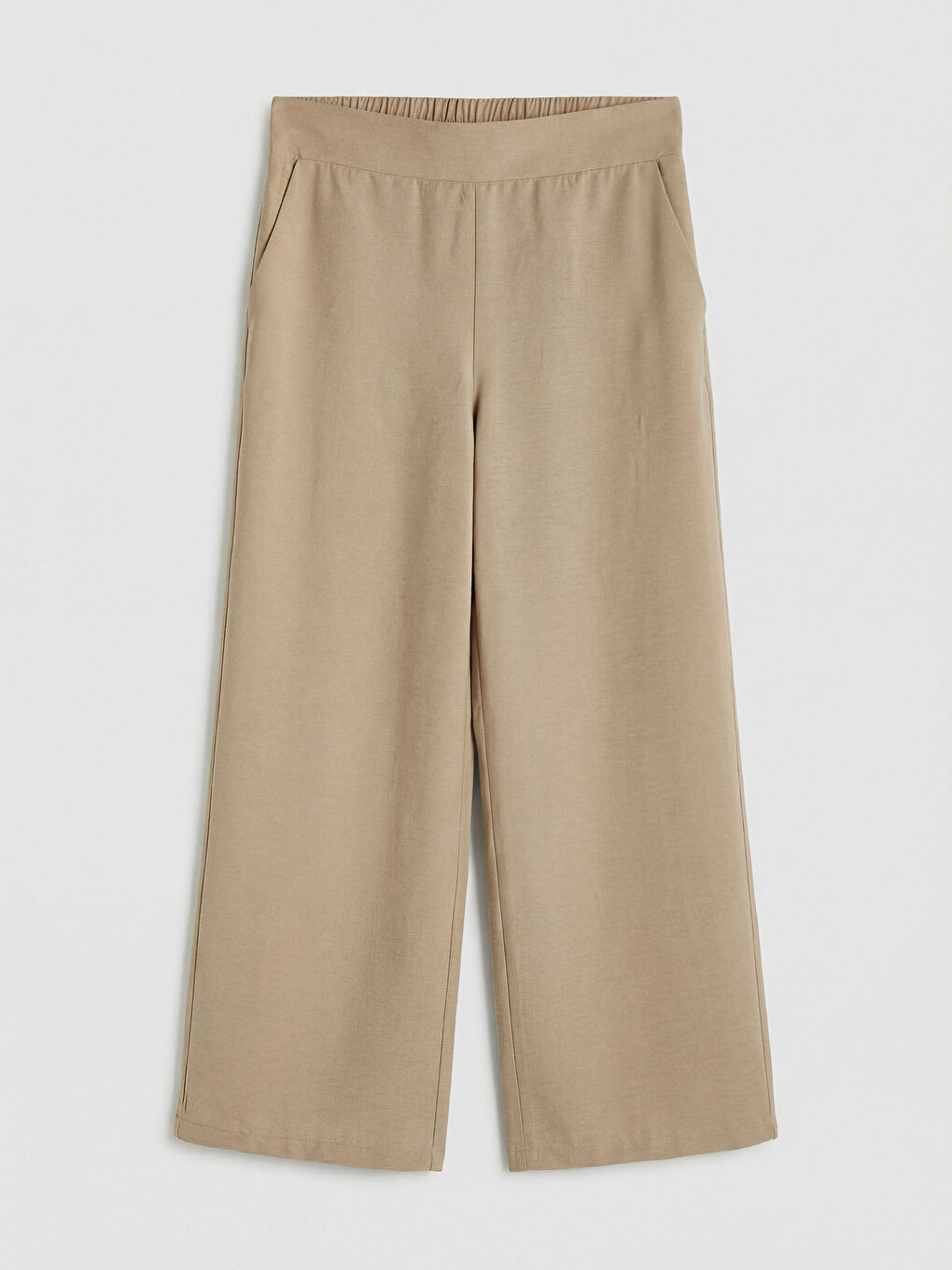 Bej Beli Lastikli Geniş Paça Kadın Pantolon