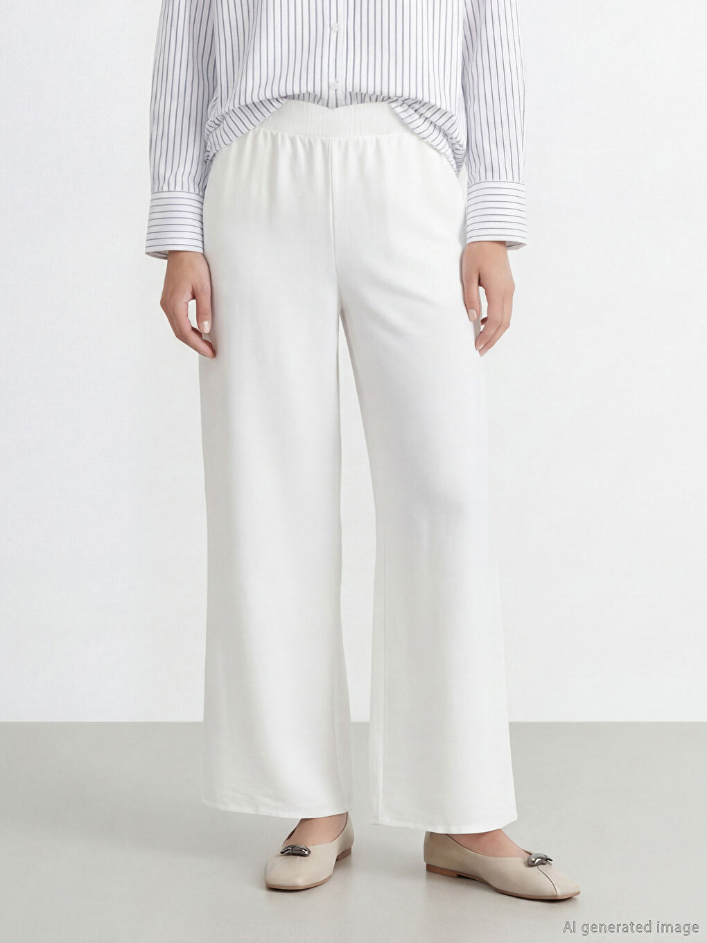 Beyaz Beli Lastikli Geniş Paça Kadın Pantolon	-1