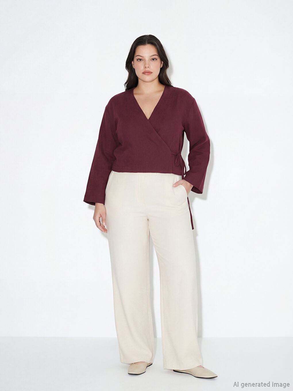 Bej Beli Lastikli Geniş Paça Kadın Pantolon	-1