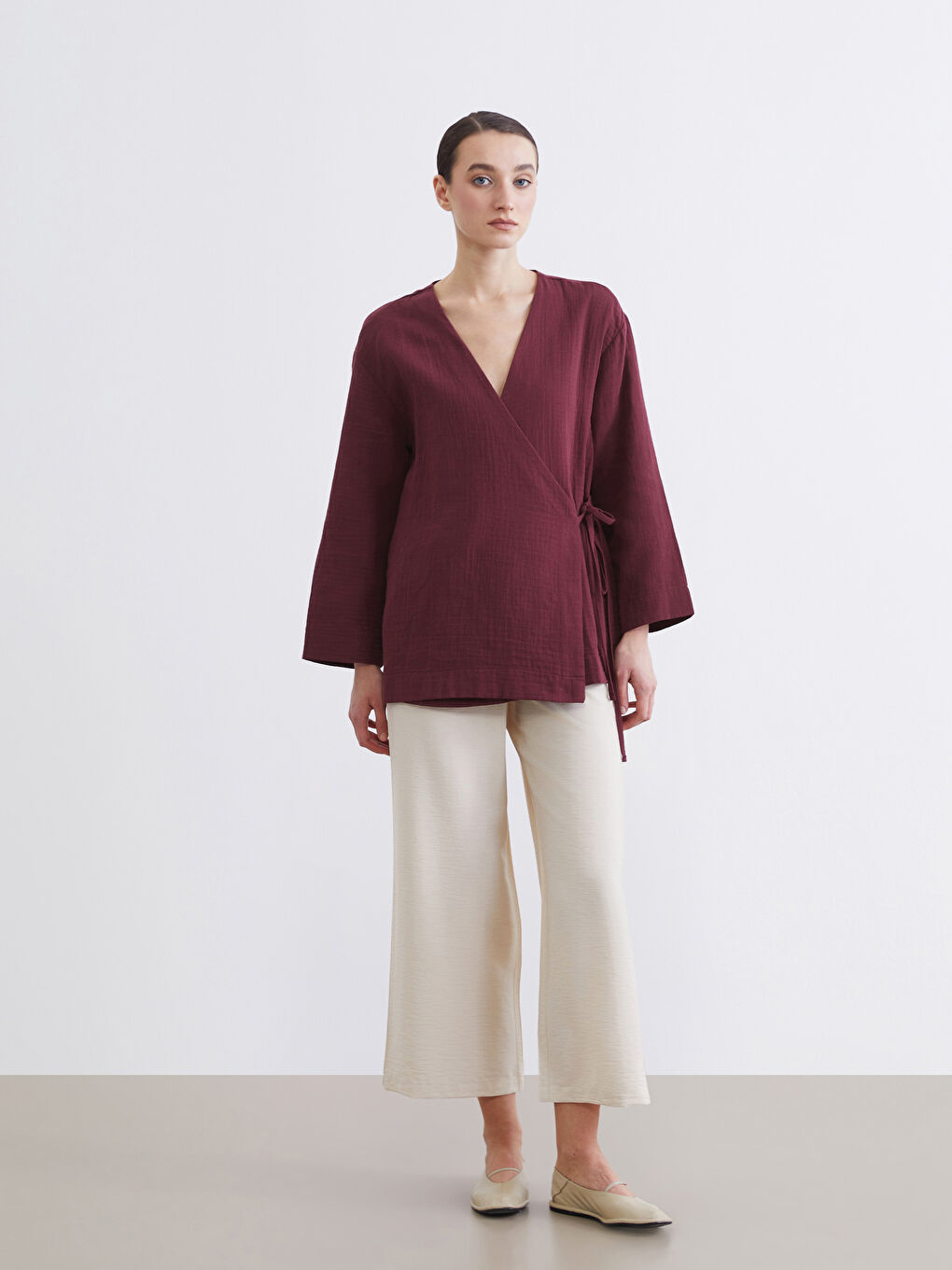 Bej Beli Lastikli Geniş Paça Kadın Pantolon	