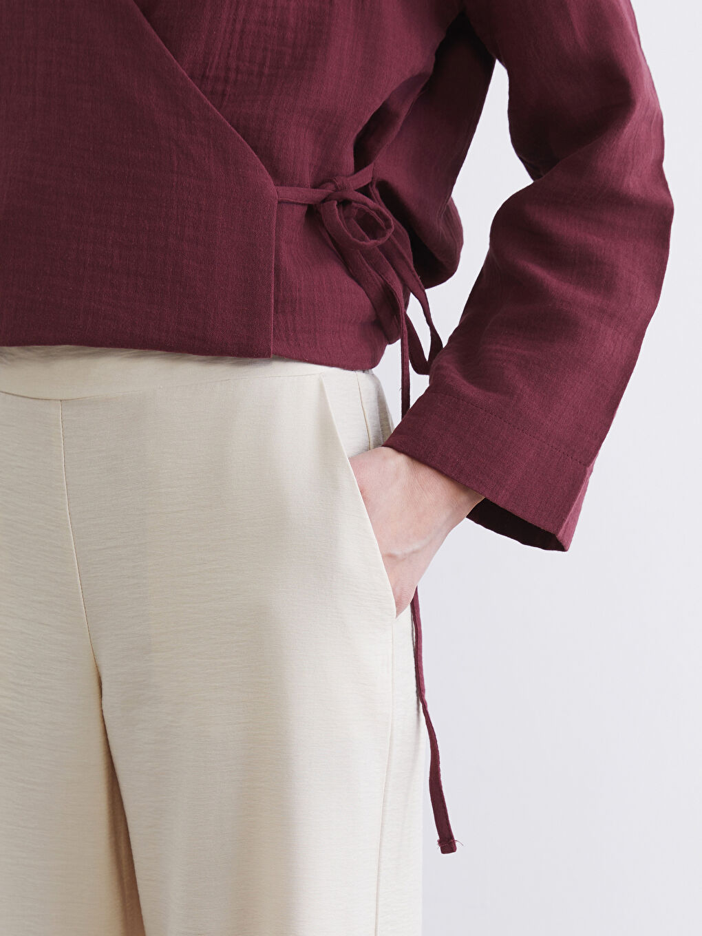 Bej Beli Lastikli Geniş Paça Kadın Pantolon	-2