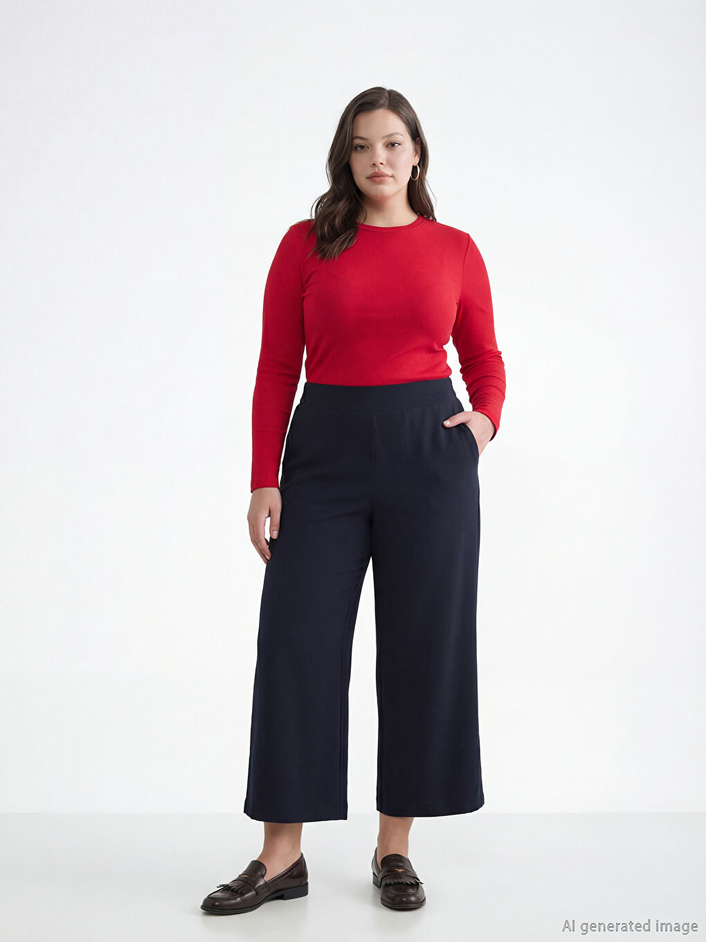 Lacivert Beli Lastikli Geniş Paça Kadın Pantolon	-1