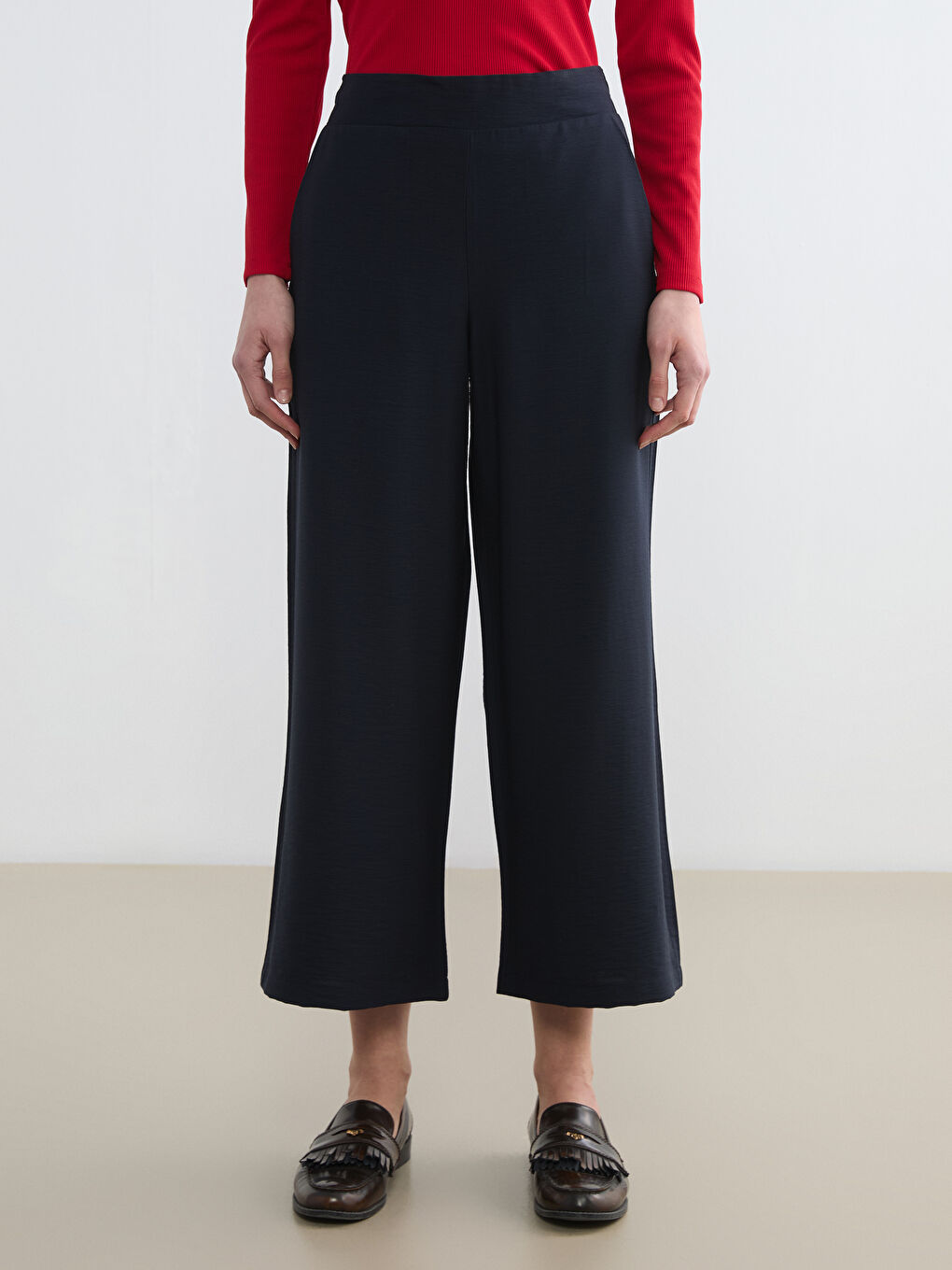 Lacivert Beli Lastikli Geniş Paça Kadın Pantolon	-1
