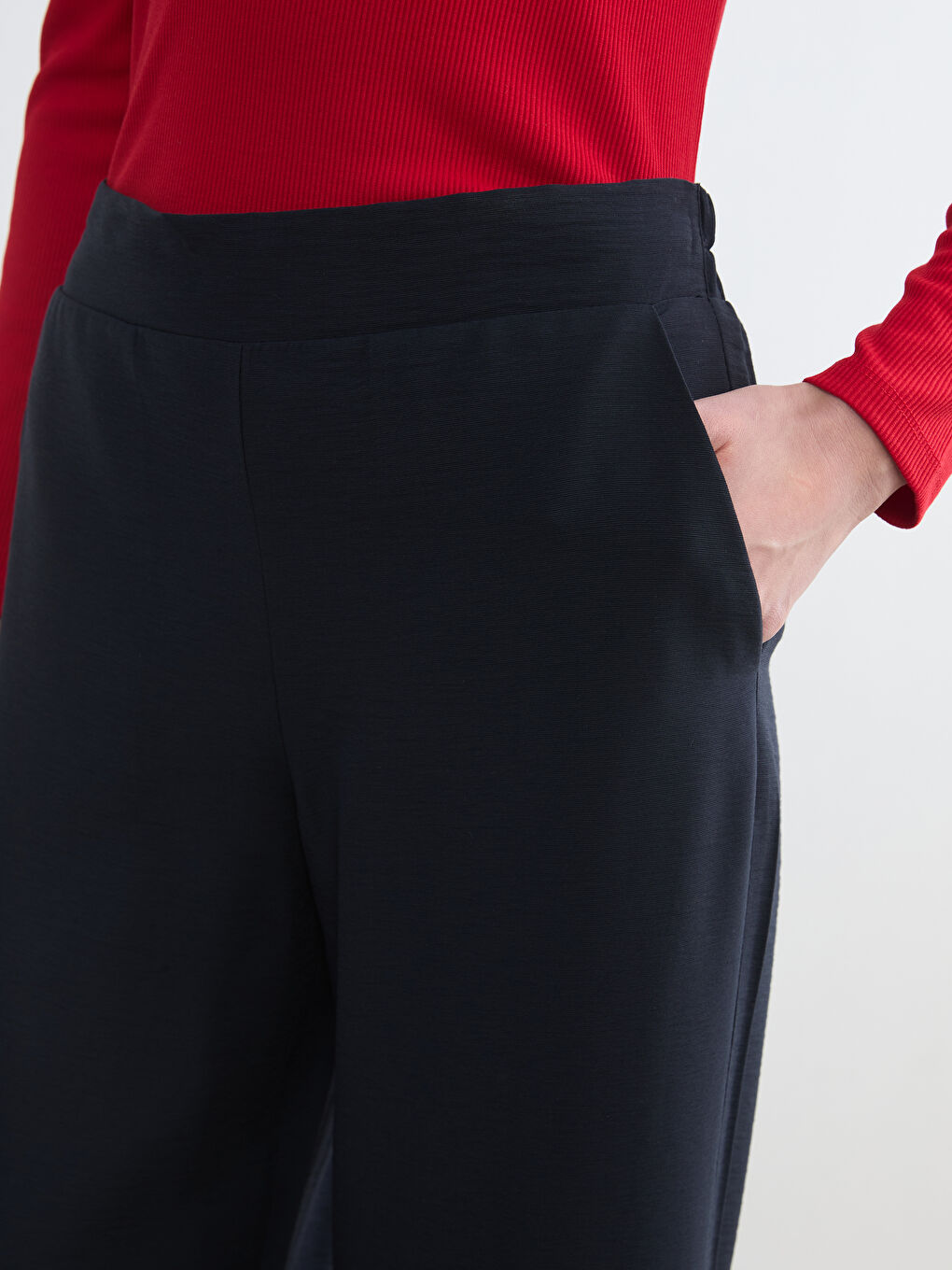 Lacivert Beli Lastikli Geniş Paça Kadın Pantolon	-2