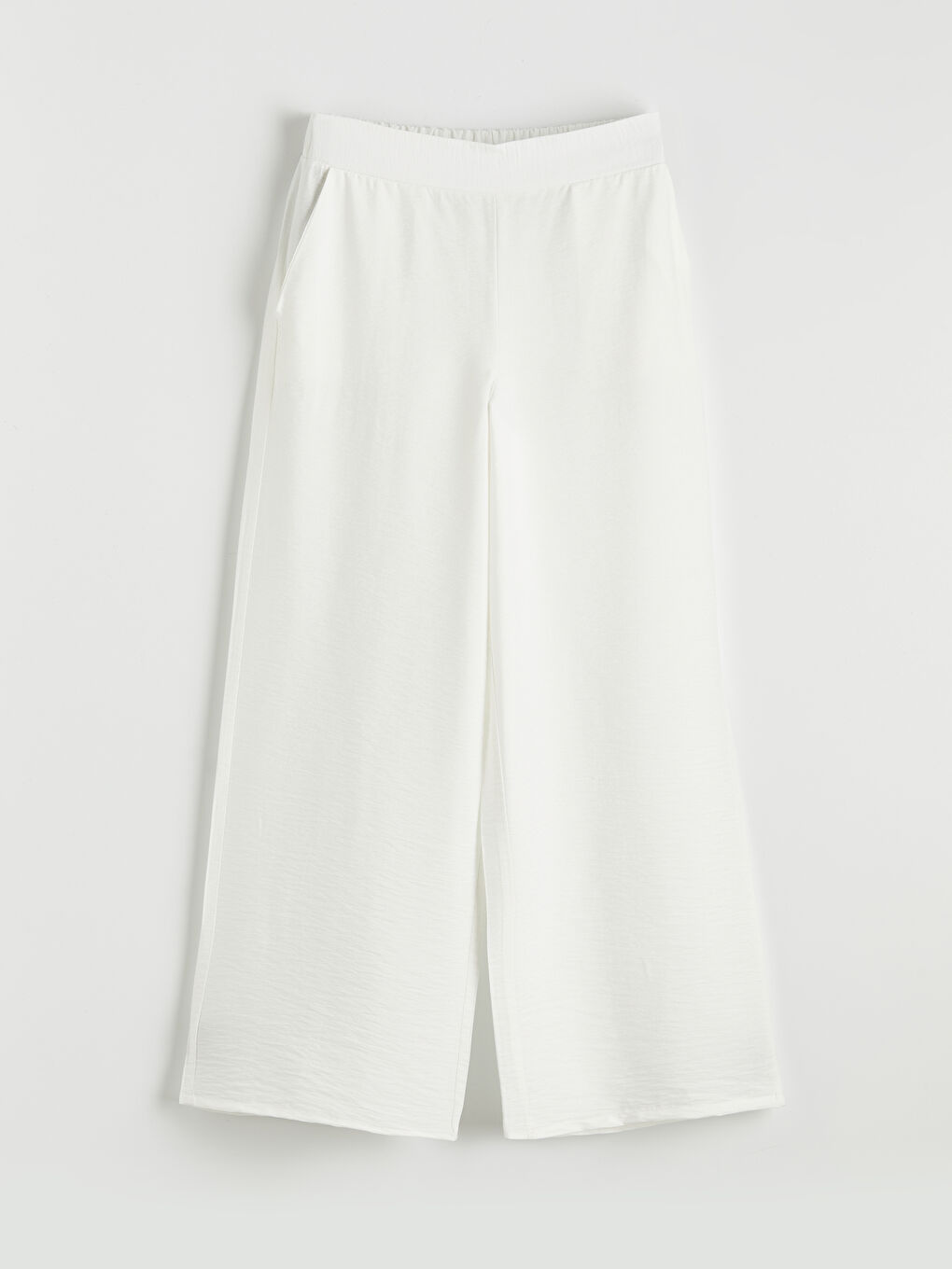 Beyaz Beli Lastikli Geniş Paça Kadın Pantolon	-2