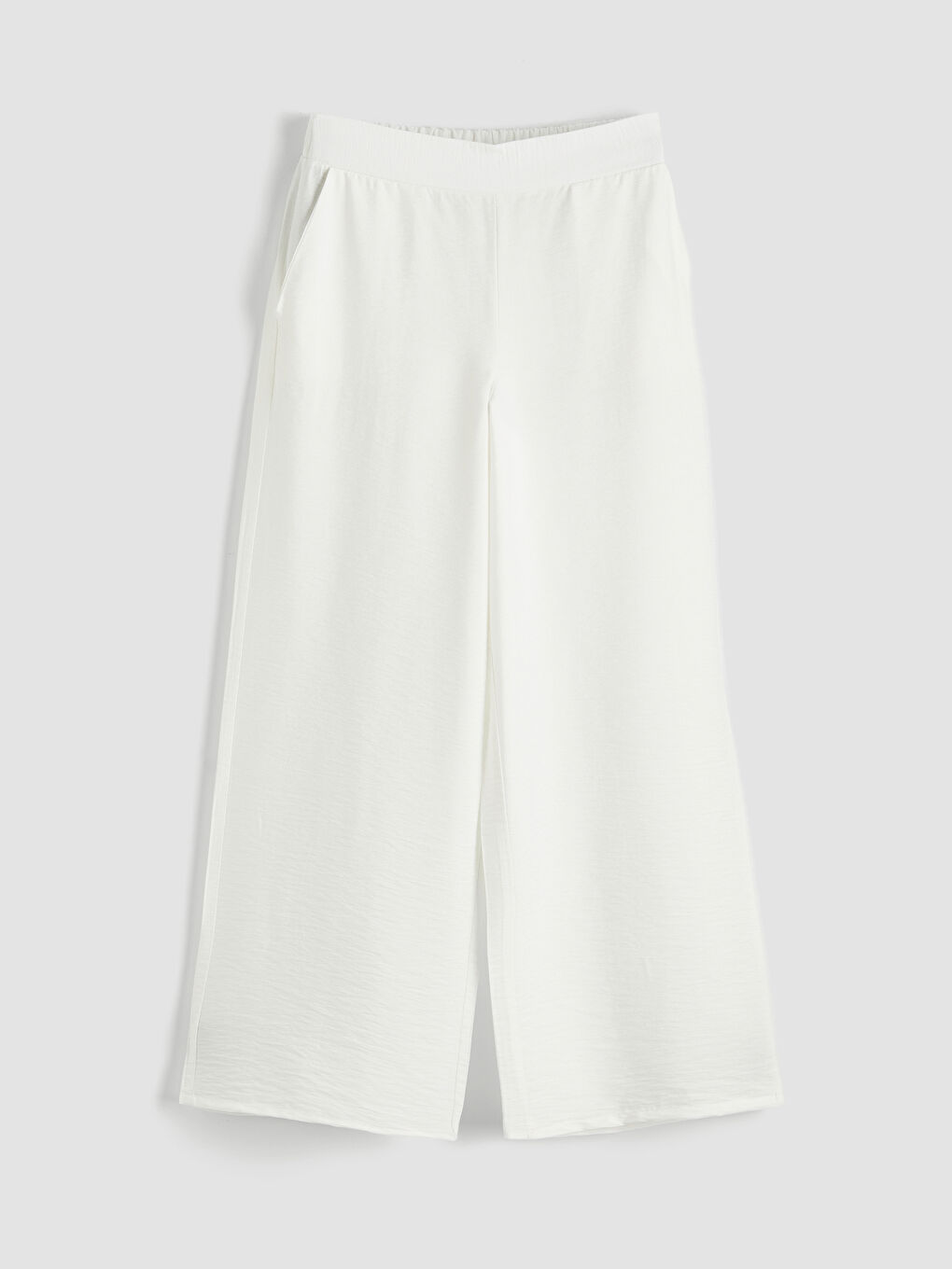 Beyaz Beli Lastikli Geniş Paça Kadın Pantolon	-3