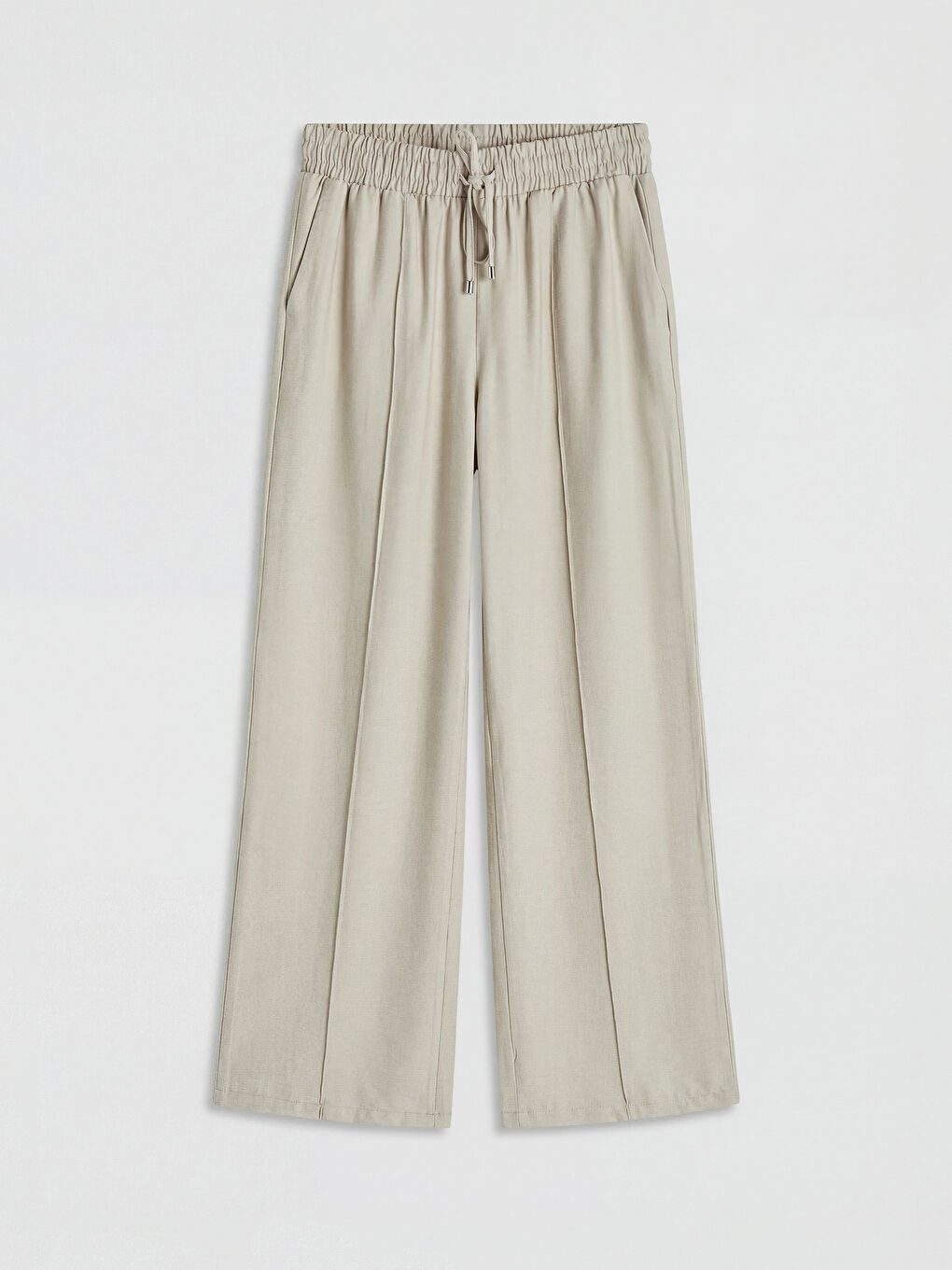 Bej Beli Lastikli Geniş Paça Kadın Pantolon