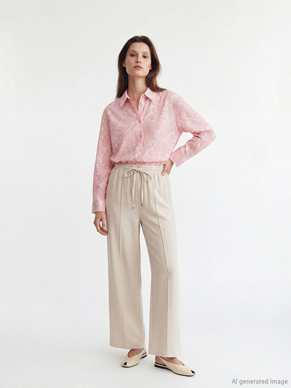 Bej Beli Lastikli Geniş Paça Kadın Pantolon