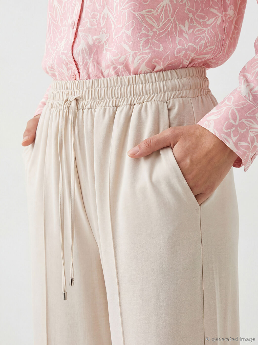 Bej Beli Lastikli Geniş Paça Kadın Pantolon-2