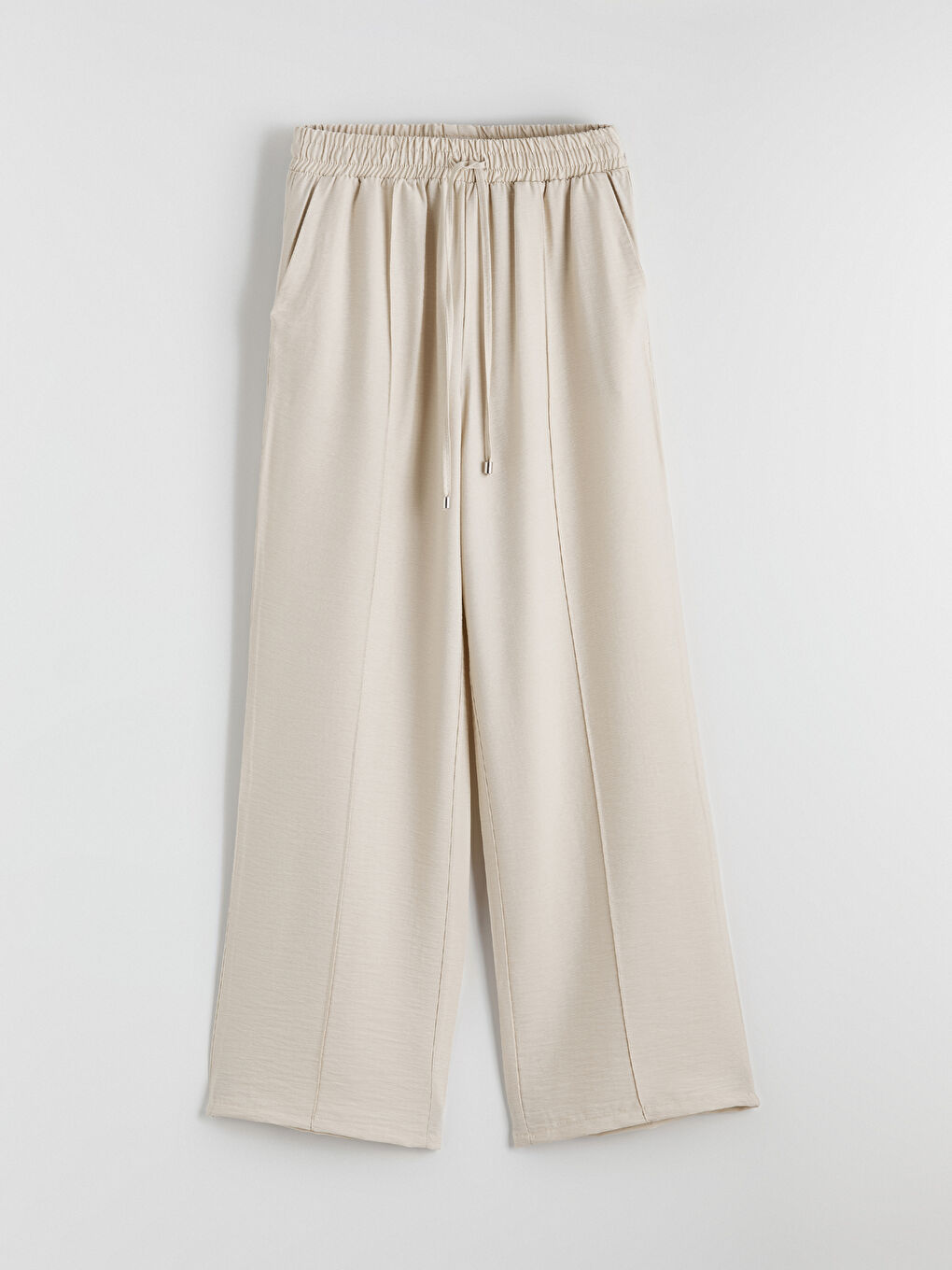 Bej Beli Lastikli Geniş Paça Kadın Pantolon