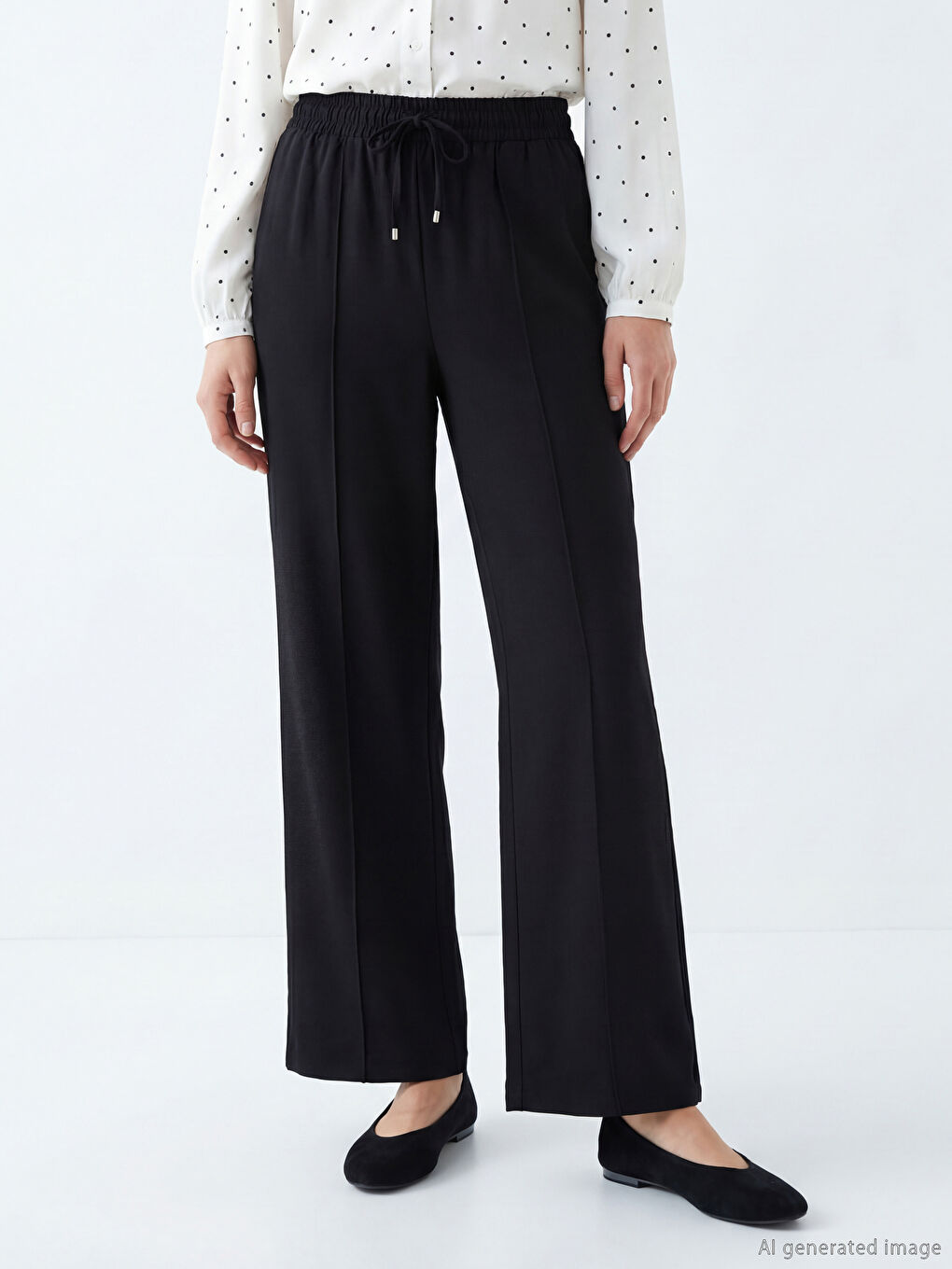 Siyah Beli Lastikli Geniş Paça Kadın Pantolon-2