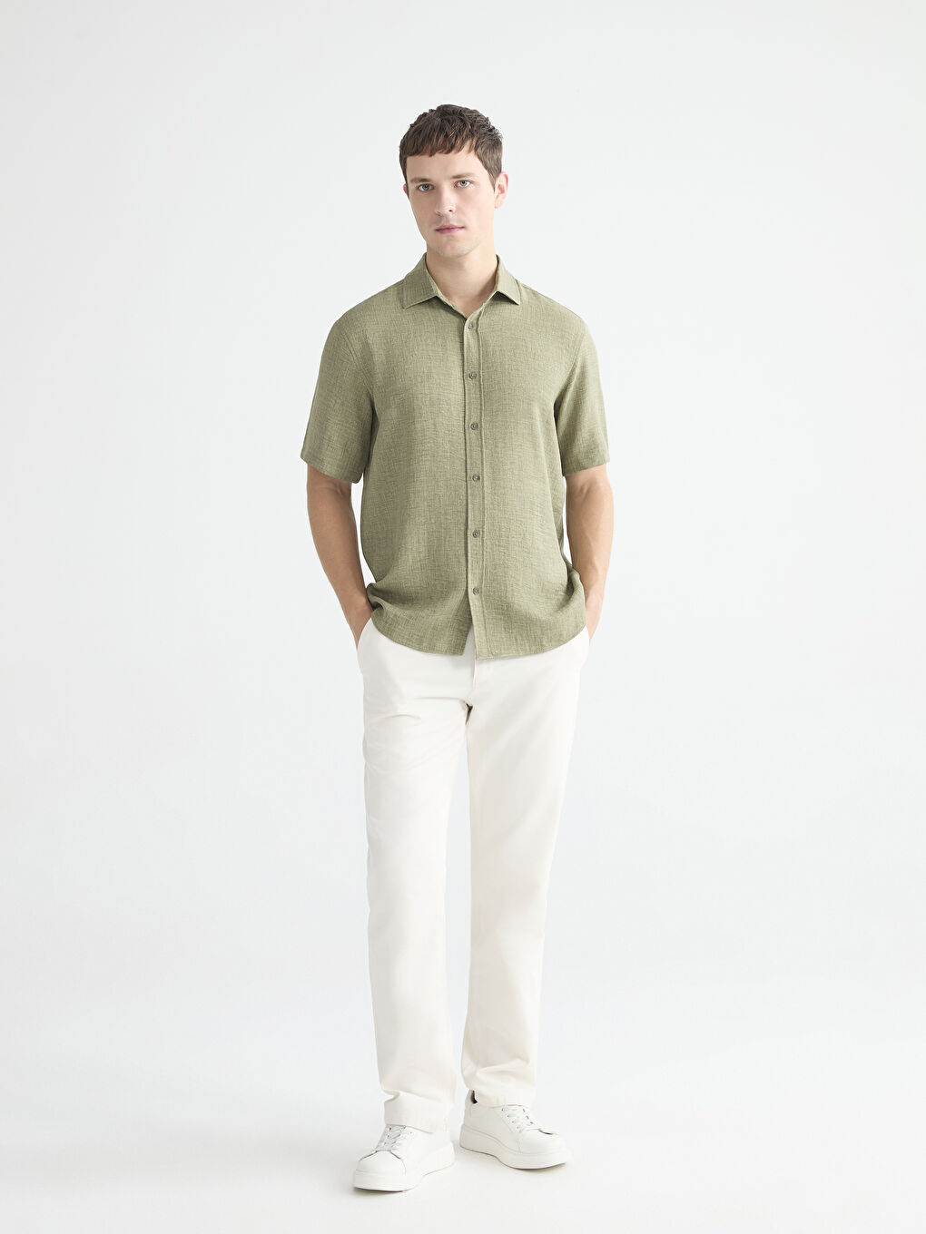 Haki Regular Fit Poplin Erkek Gömlek-1