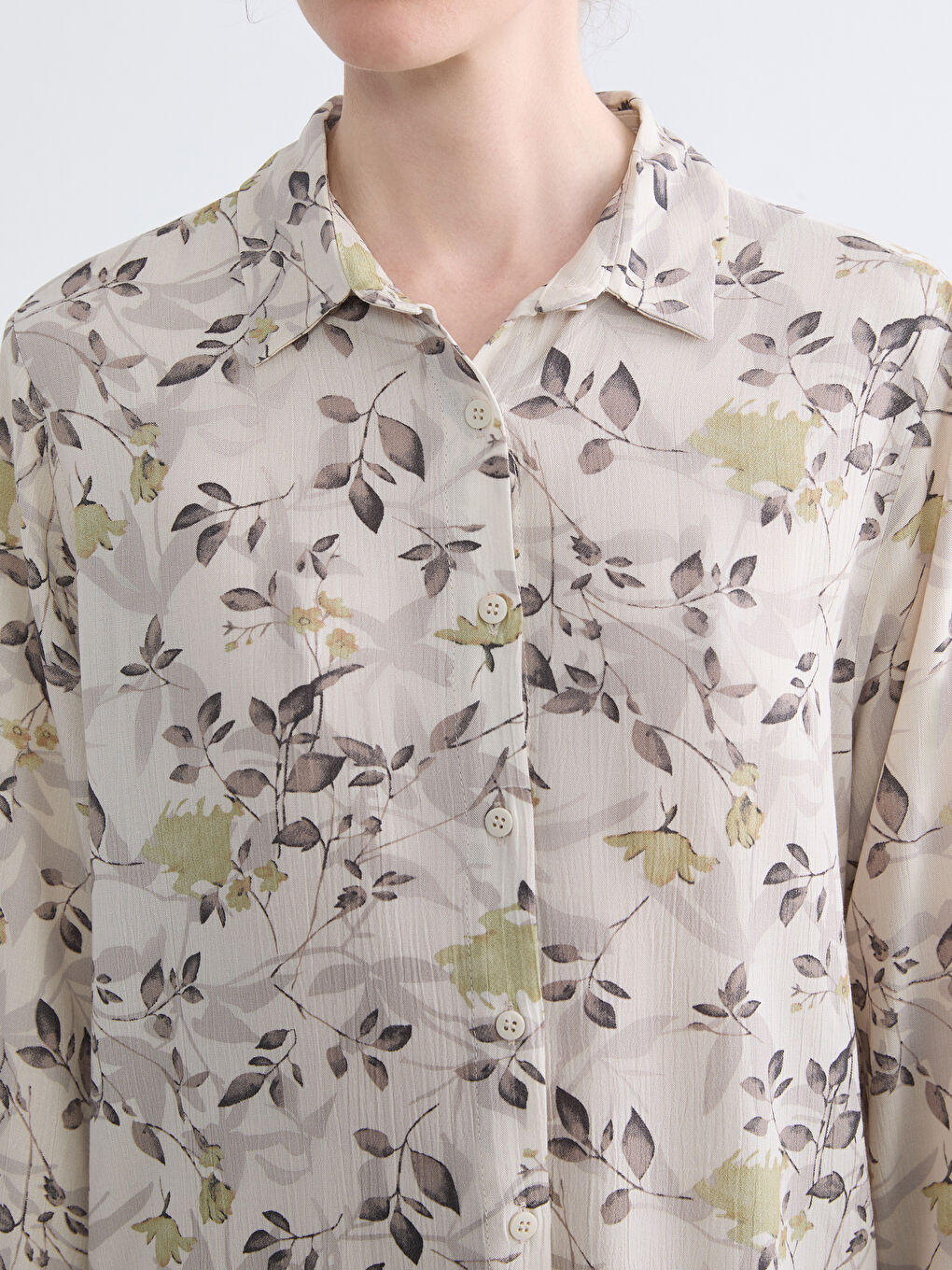 Ekru Çiçekli Kadın Gömlek Tunik-2