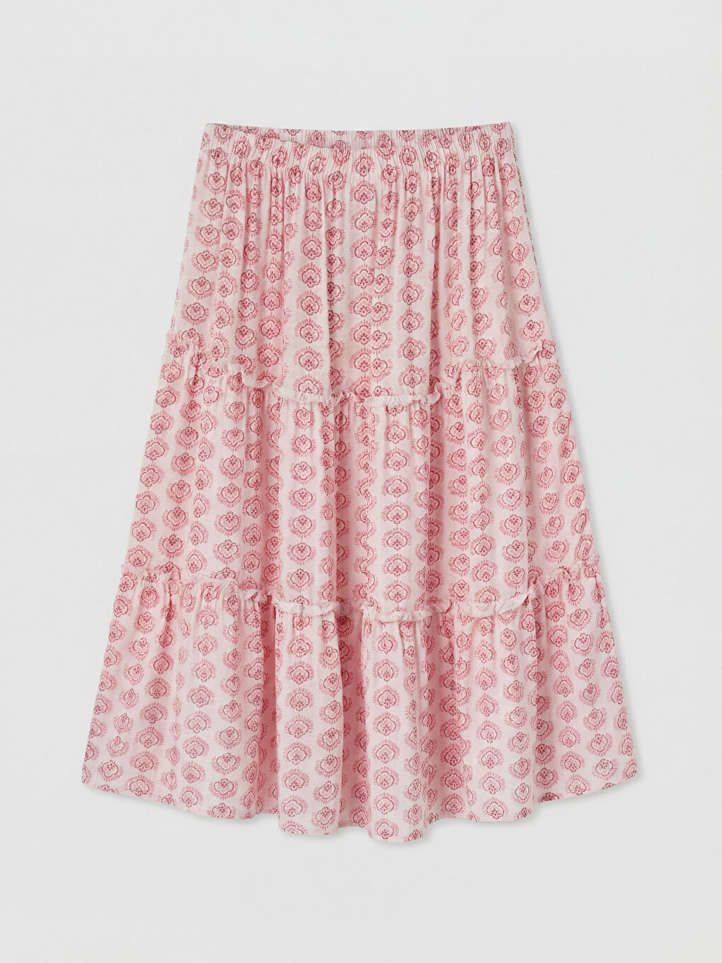 Pembe Beli Lastikli Desenli Katlı Kız Çocuk Etek