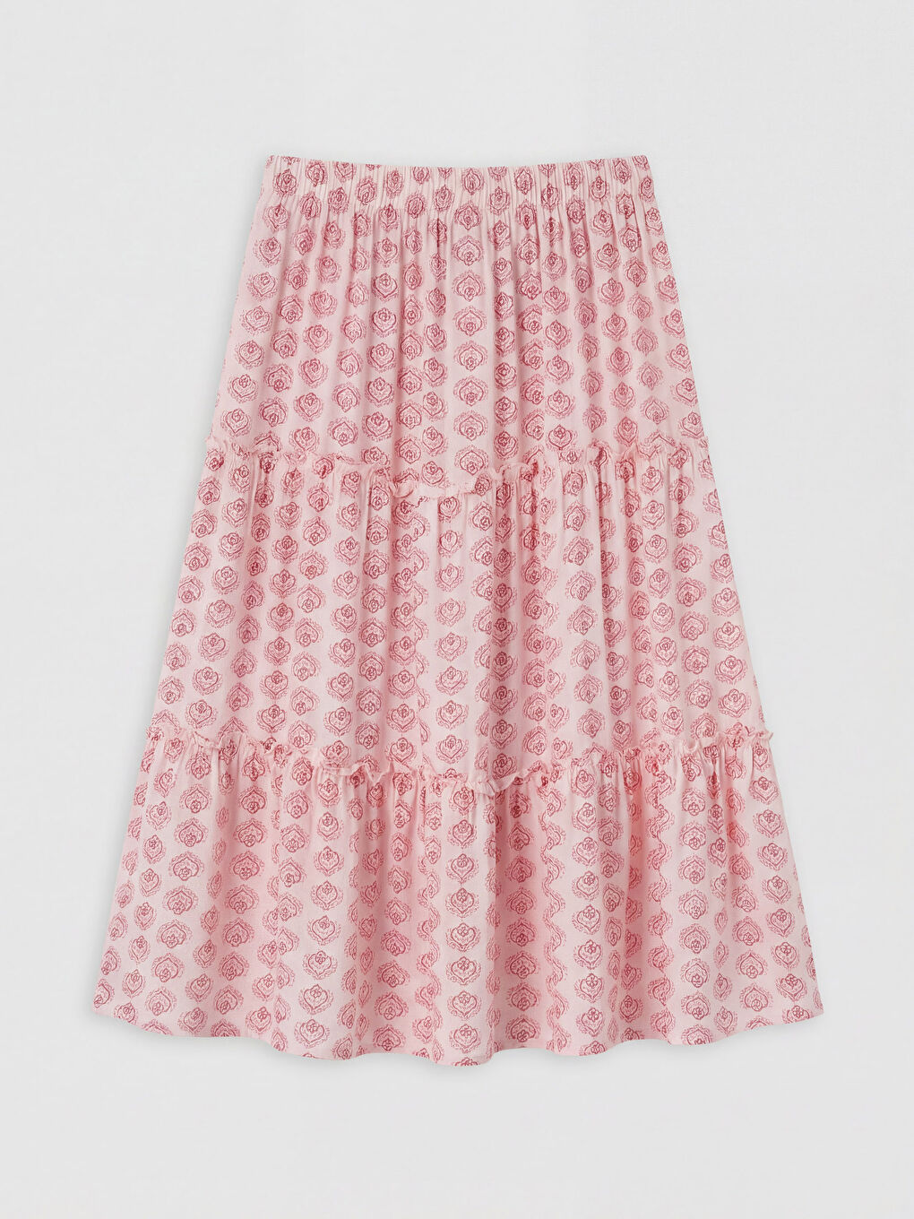 Pembe Beli Lastikli Desenli Katlı Kız Çocuk Etek-1