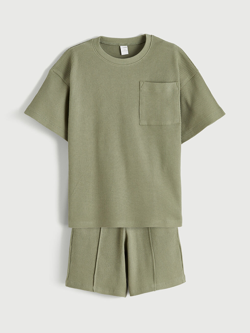Yeşil Cepli Erkek Çocuk Waffle Tişört ve Şort