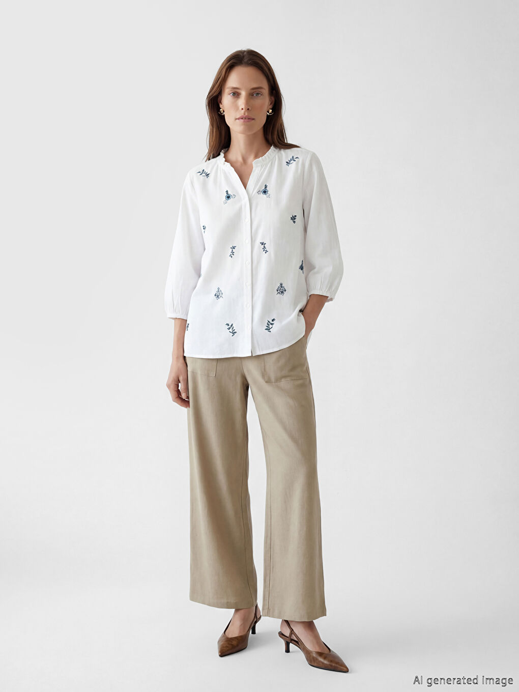 Πουκάμισο με λαιμόκοψη με εγκοπή φλοράλ για γυναίκες-1