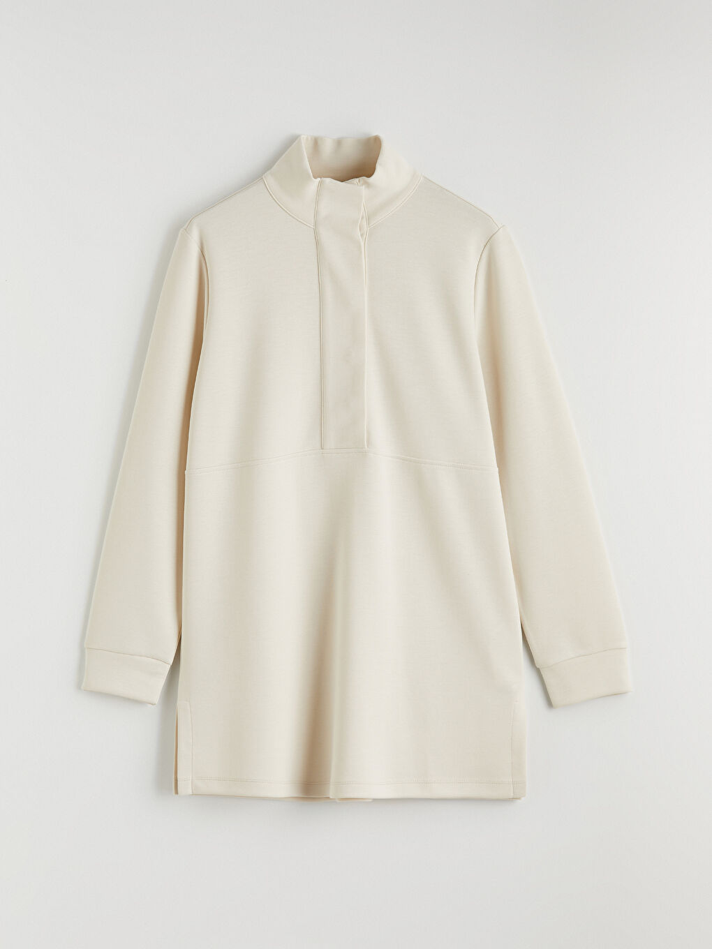 Bej Dik Yaka Soft Touch Kadın Sweatshirt Tunik-4