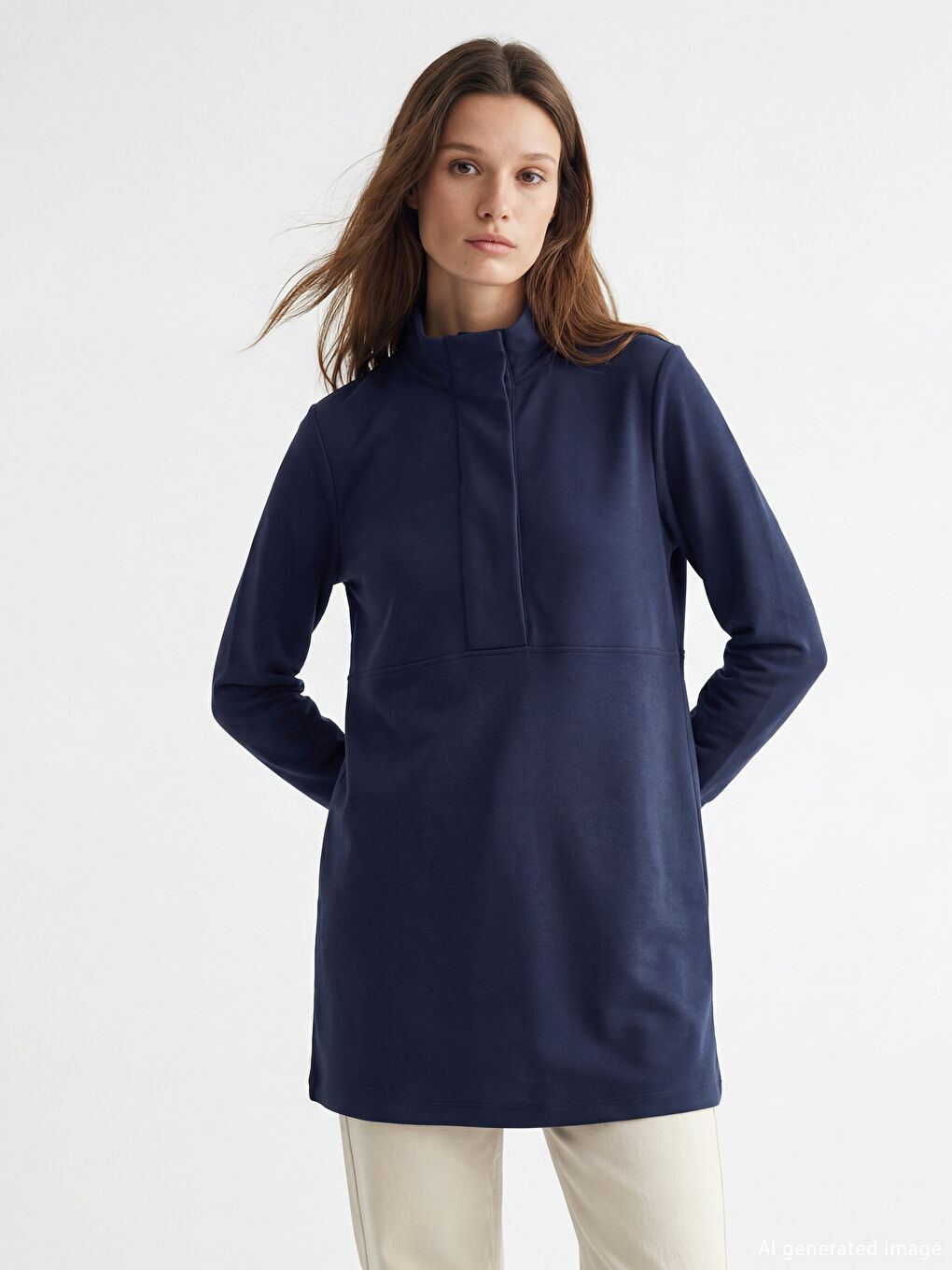 Soft Touch Women's Sweatshirt Tunic with Stand-Up Collar