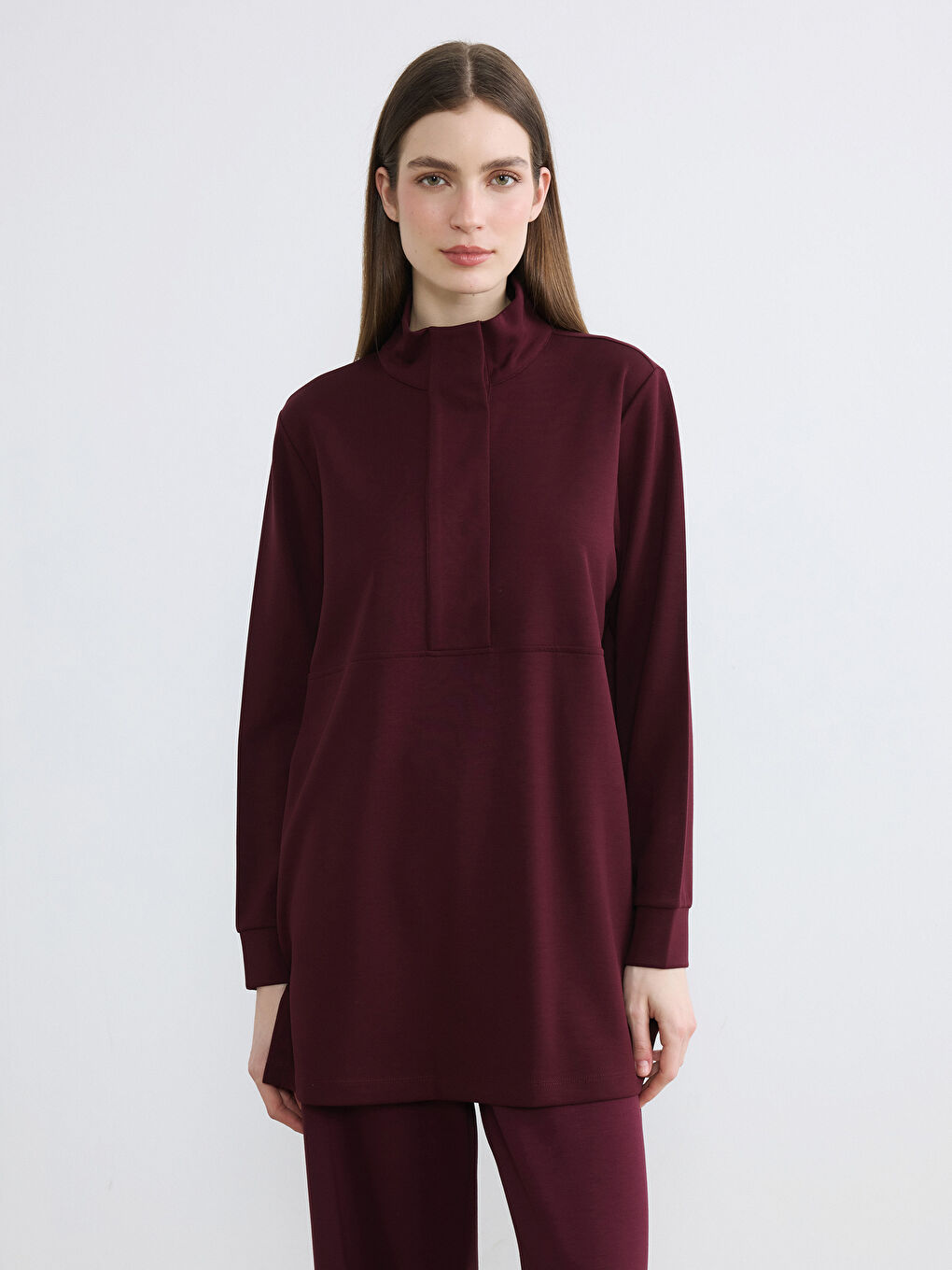 Bordo Dik Yaka Soft Touch Kadın Sweatshirt Tunik