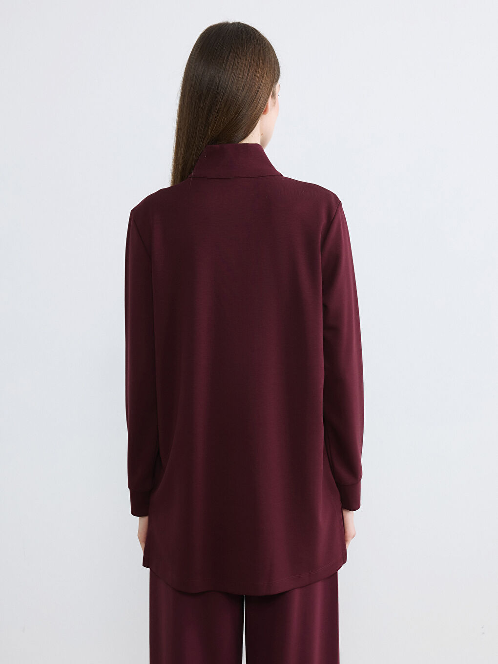 Bordo Dik Yaka Soft Touch Kadın Sweatshirt Tunik-3