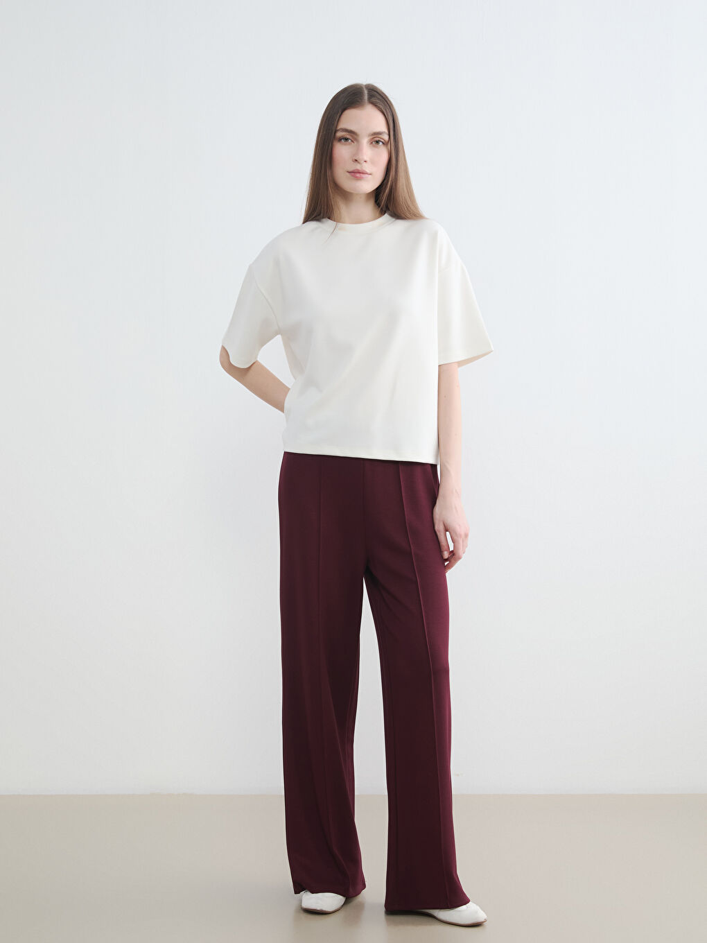 Bordo Beli Lastikli Geniş Paça Kadın Eşofman Altı