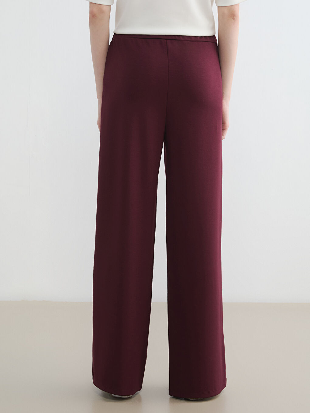 Bordo Beli Lastikli Geniş Paça Kadın Eşofman Altı-3