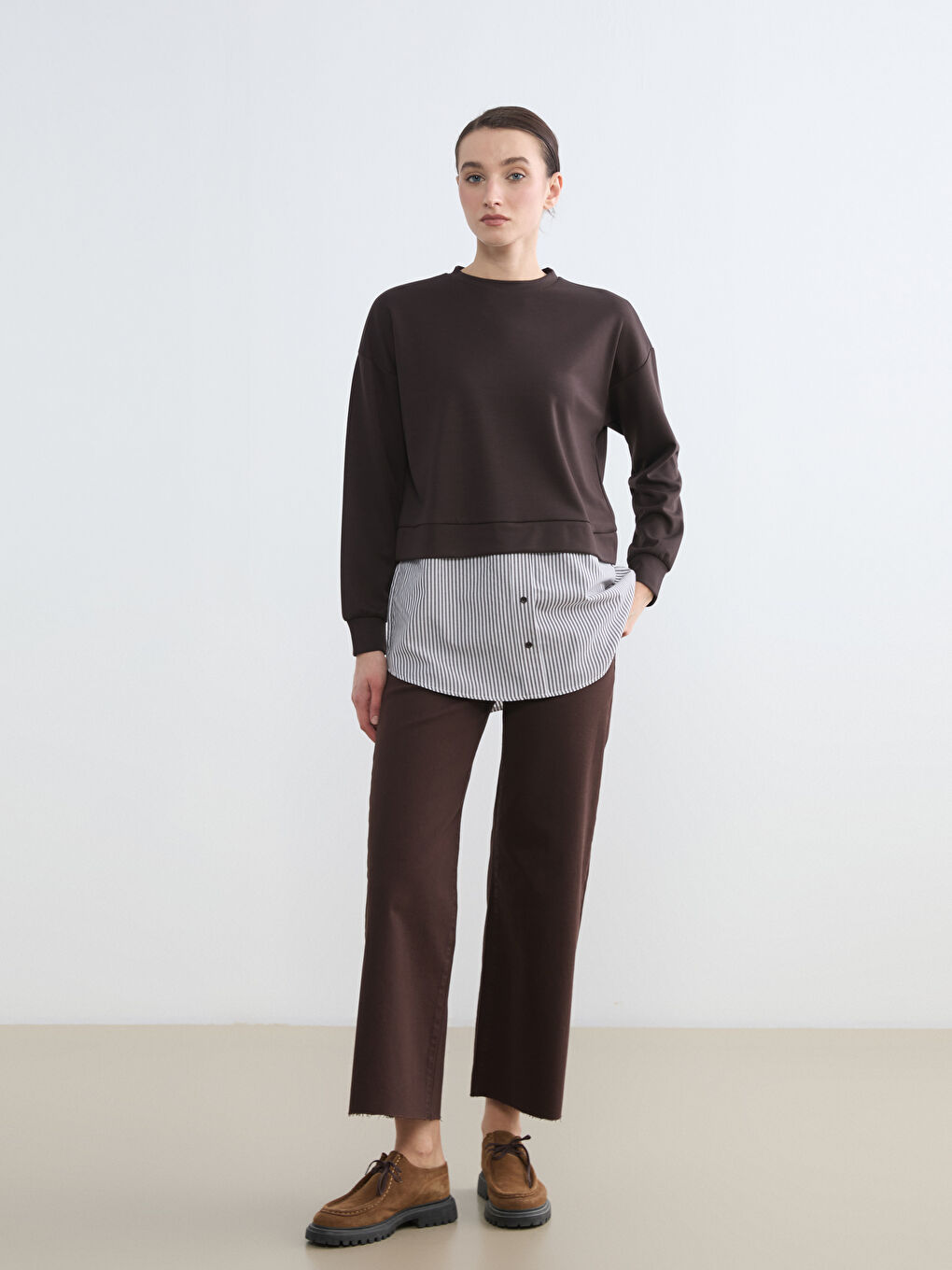 Kahverengi Gömlek Detaylı Kadın Sweatshirt Tunik	-1