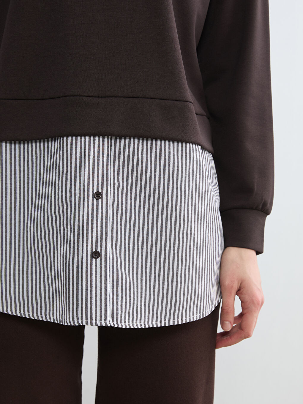 Kahverengi Gömlek Detaylı Kadın Sweatshirt Tunik	-2