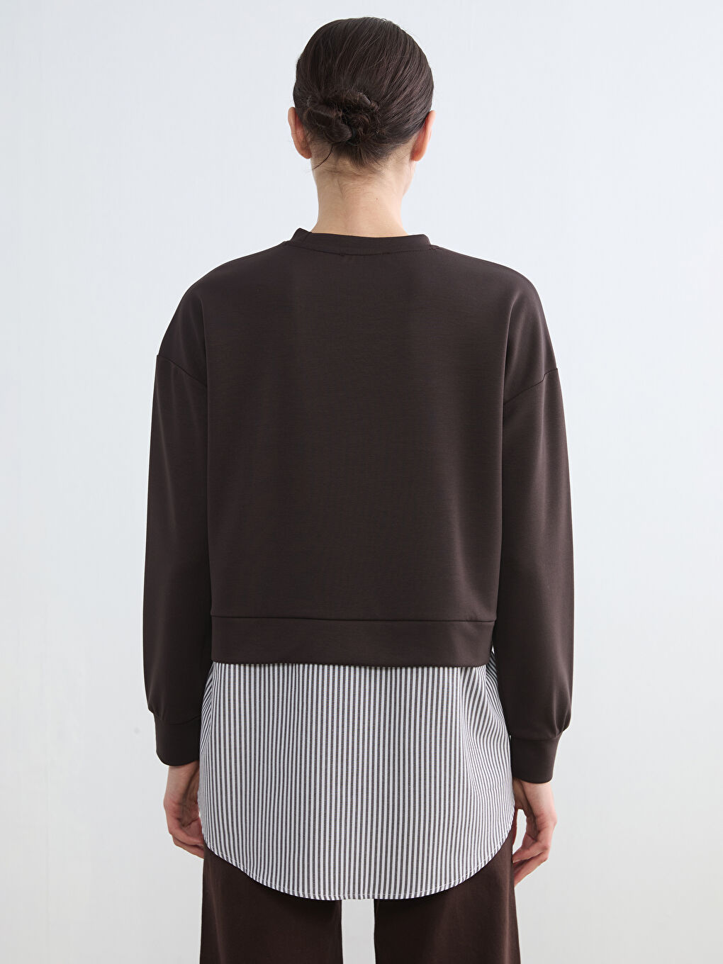 Kahverengi Gömlek Detaylı Kadın Sweatshirt Tunik	-3