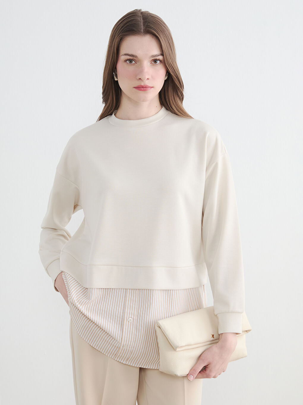 Bej Gömlek Detaylı Kadın Sweatshirt Tunik