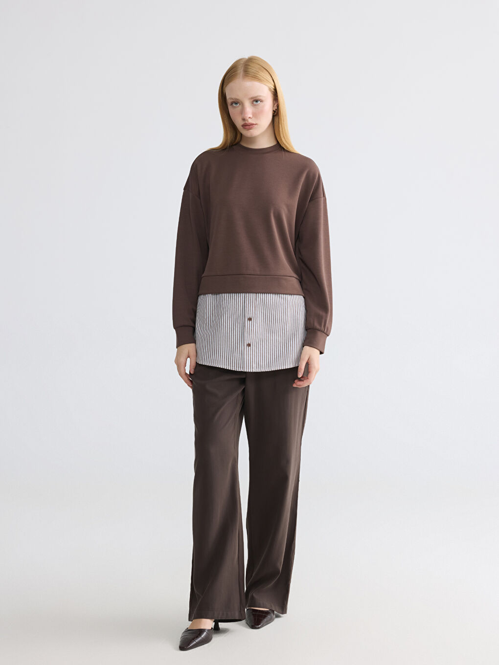 Kahverengi Gömlek Detaylı Kadın Sweatshirt Tunik-1