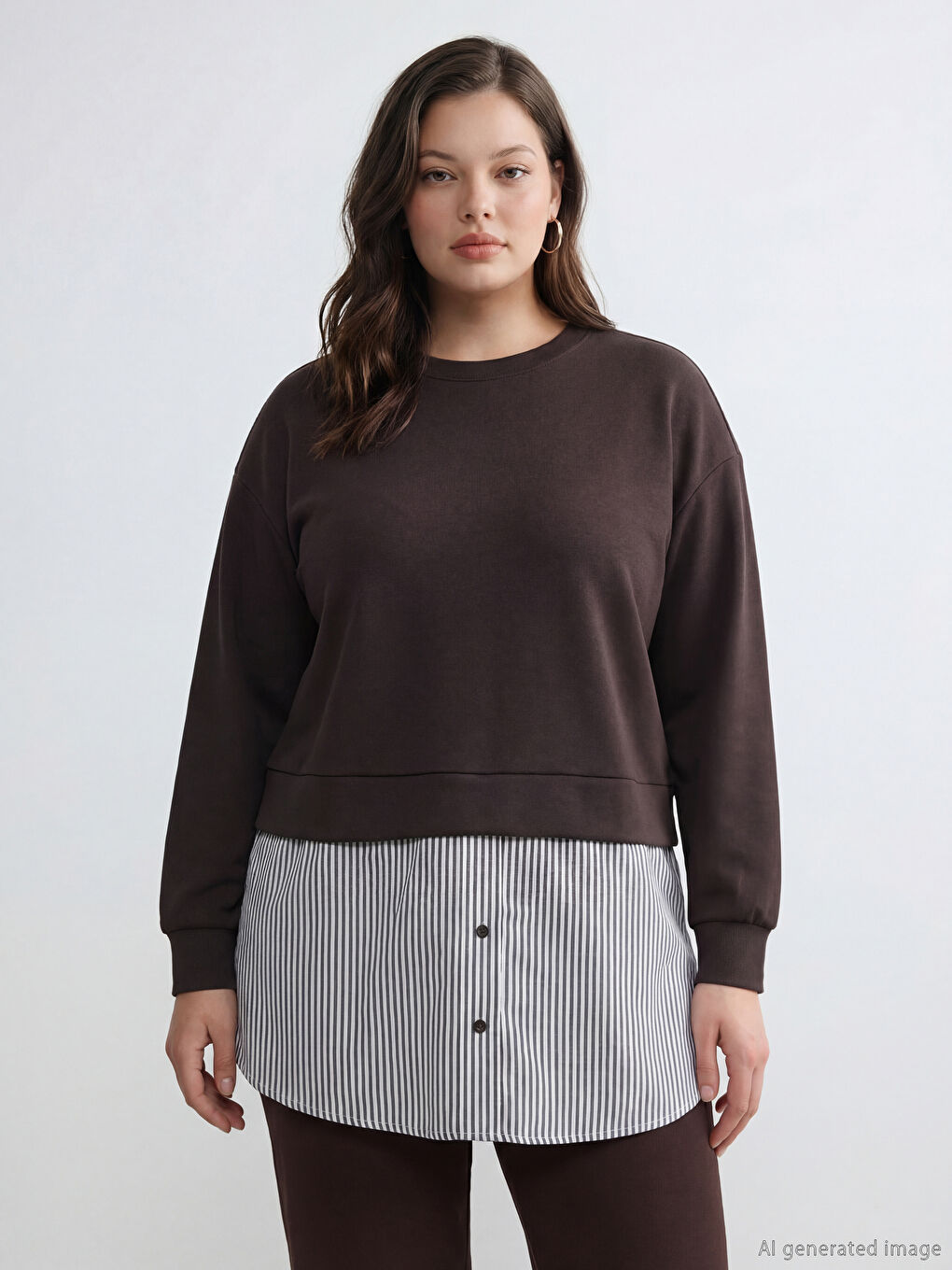 Kahverengi Gömlek Detaylı Kadın Sweatshirt Tunik	-1