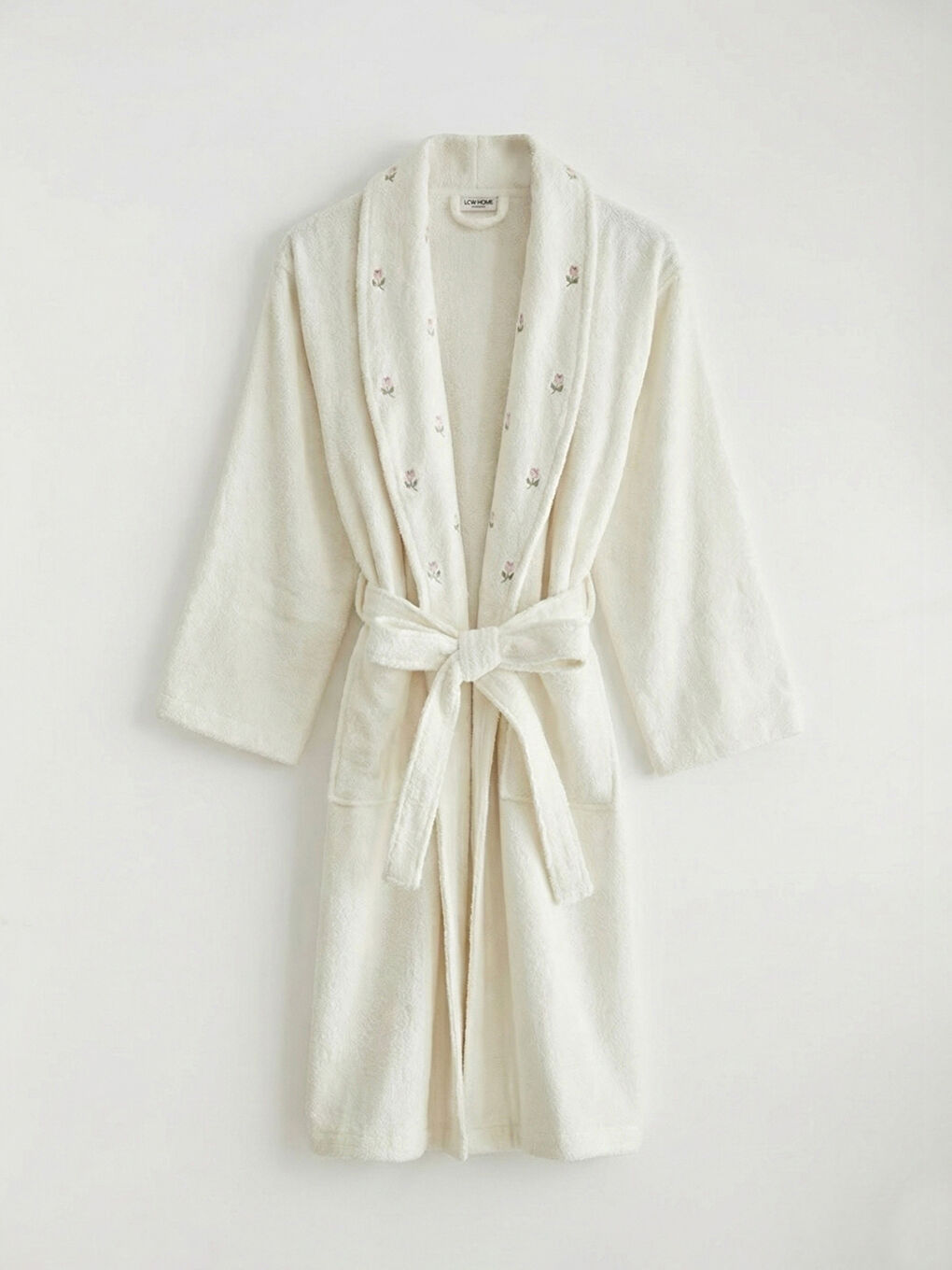 Ekru Çiçek Nakışlı Pamuklu Kadın Bornoz-3
